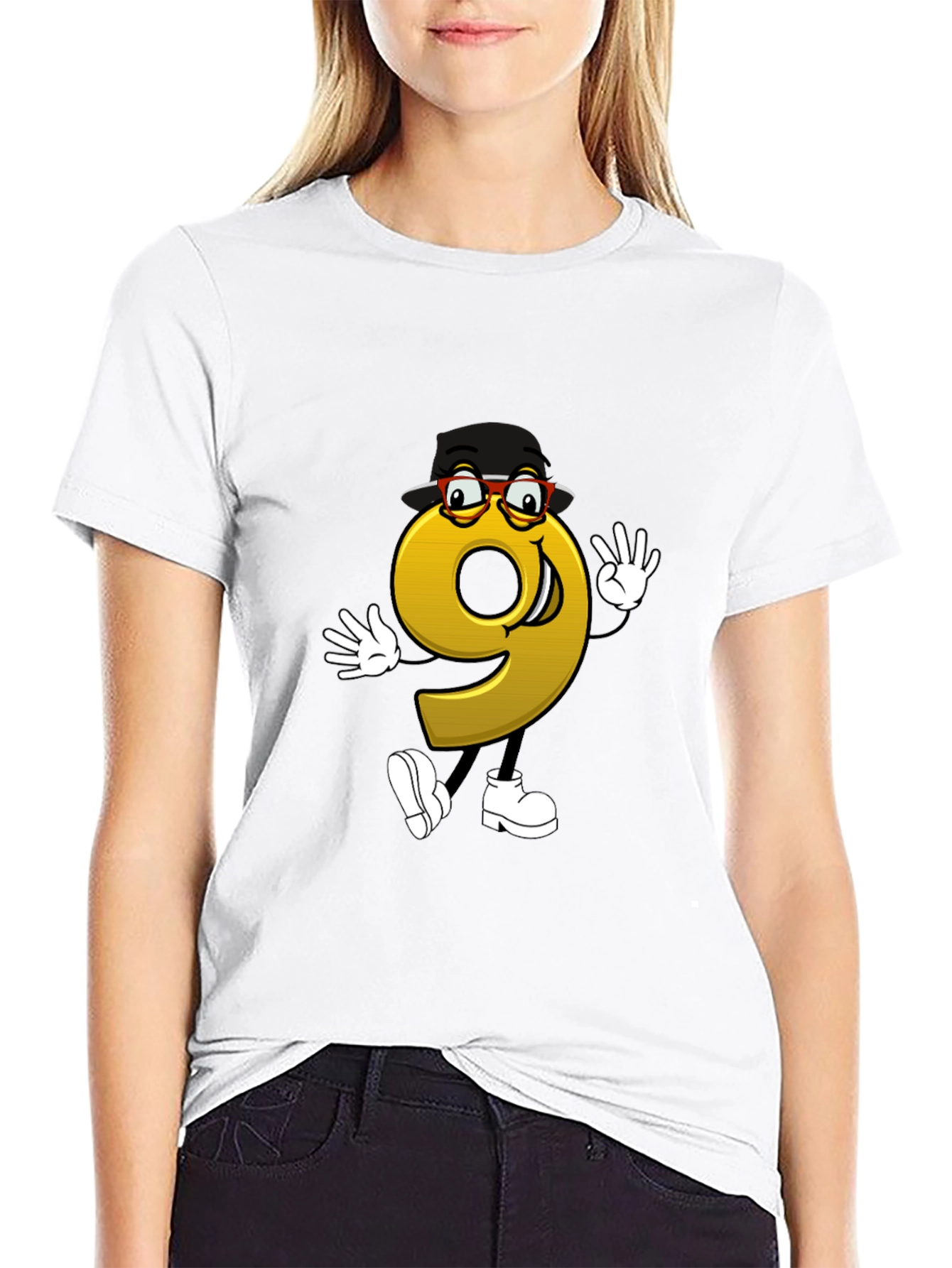 Cartoon Number 9 Graphic Tee - Black
