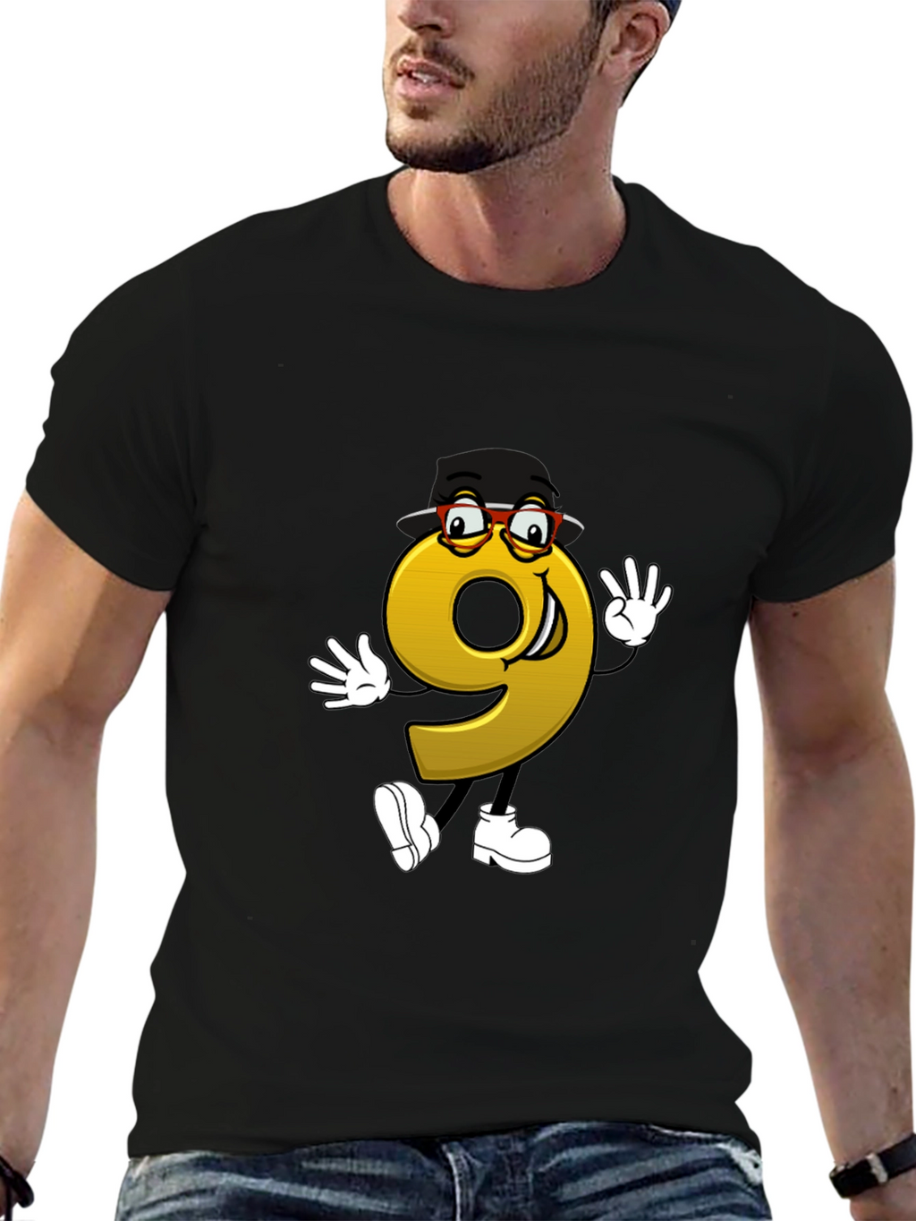 Cartoon Number 9 Graphic Tee - Black