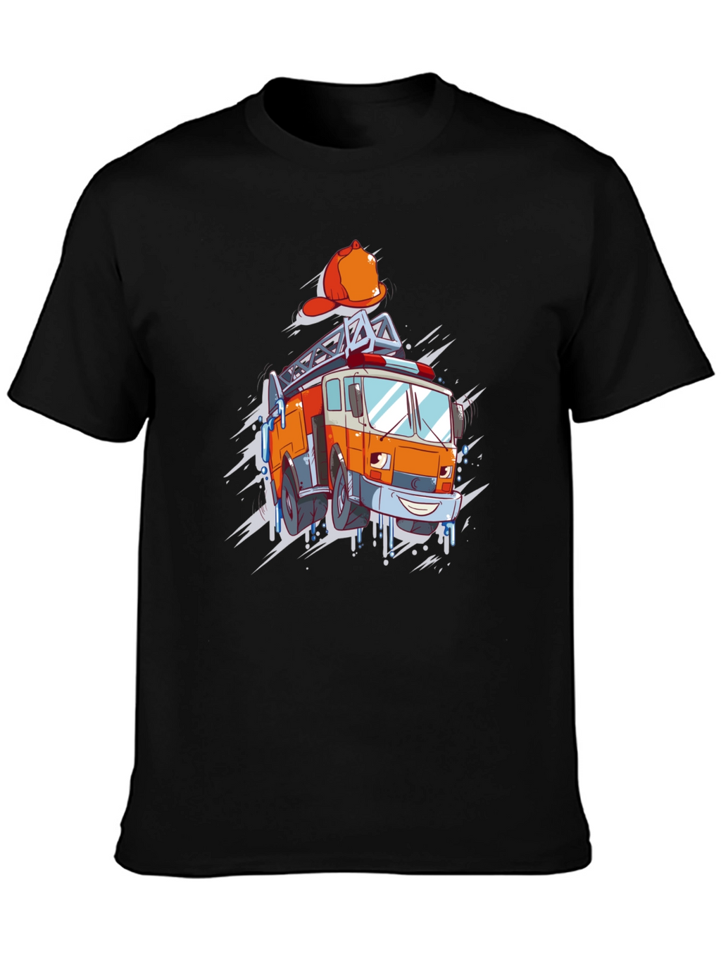 Cartoon Firetruck Graphic T-Shirt - Black