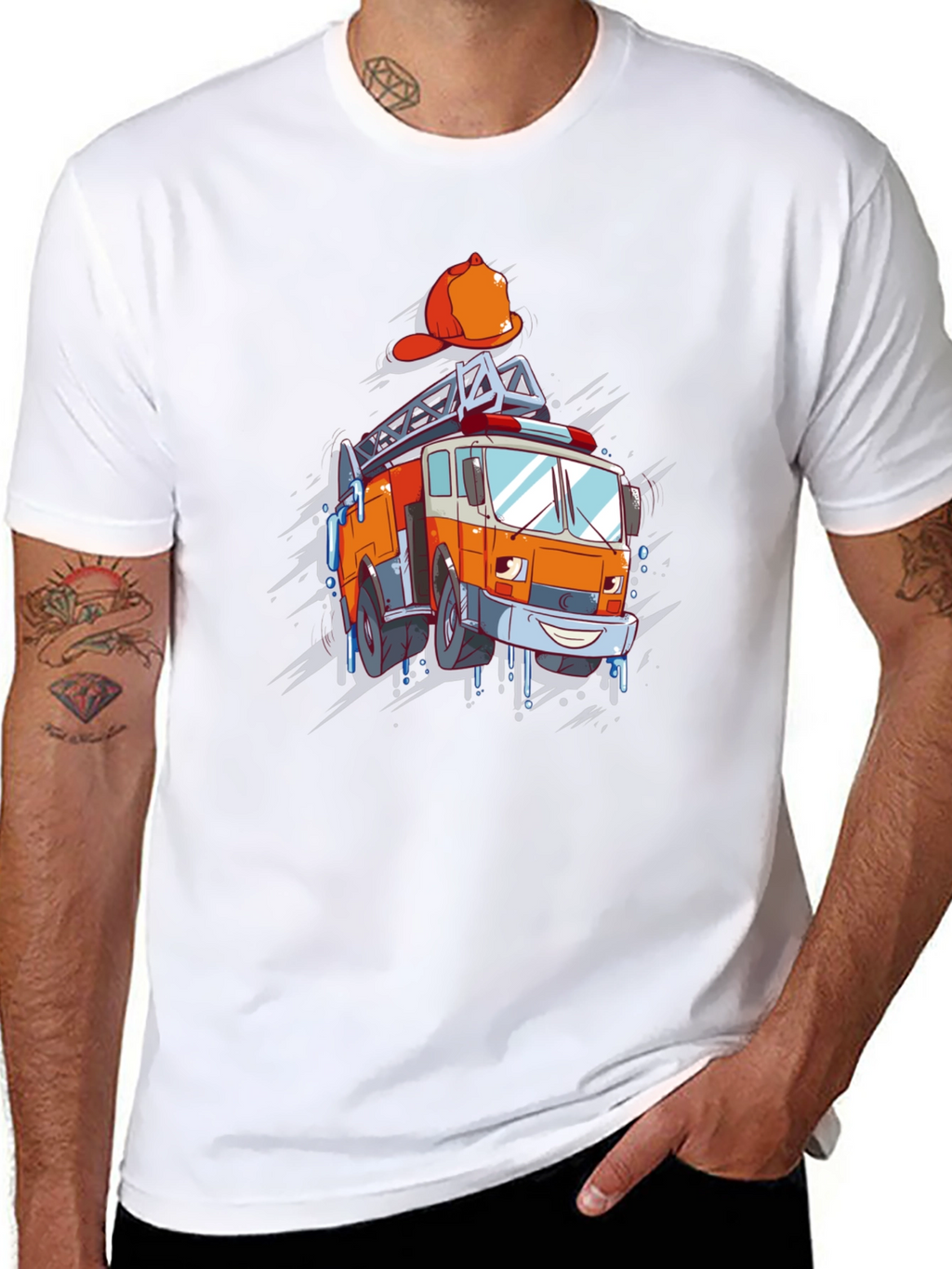 Cartoon Firetruck Graphic T-Shirt - Black