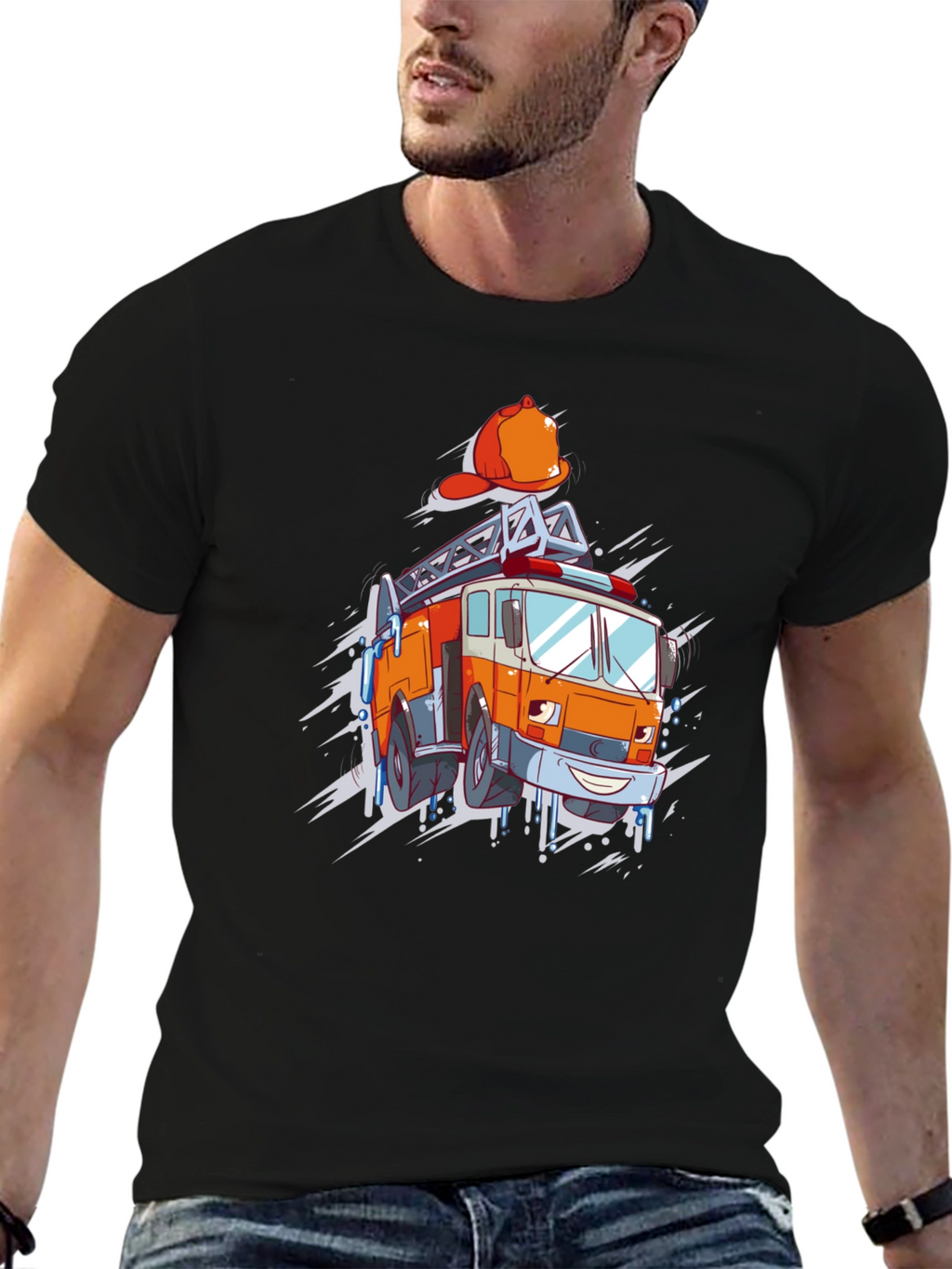 Cartoon Firetruck Graphic T-Shirt - Black