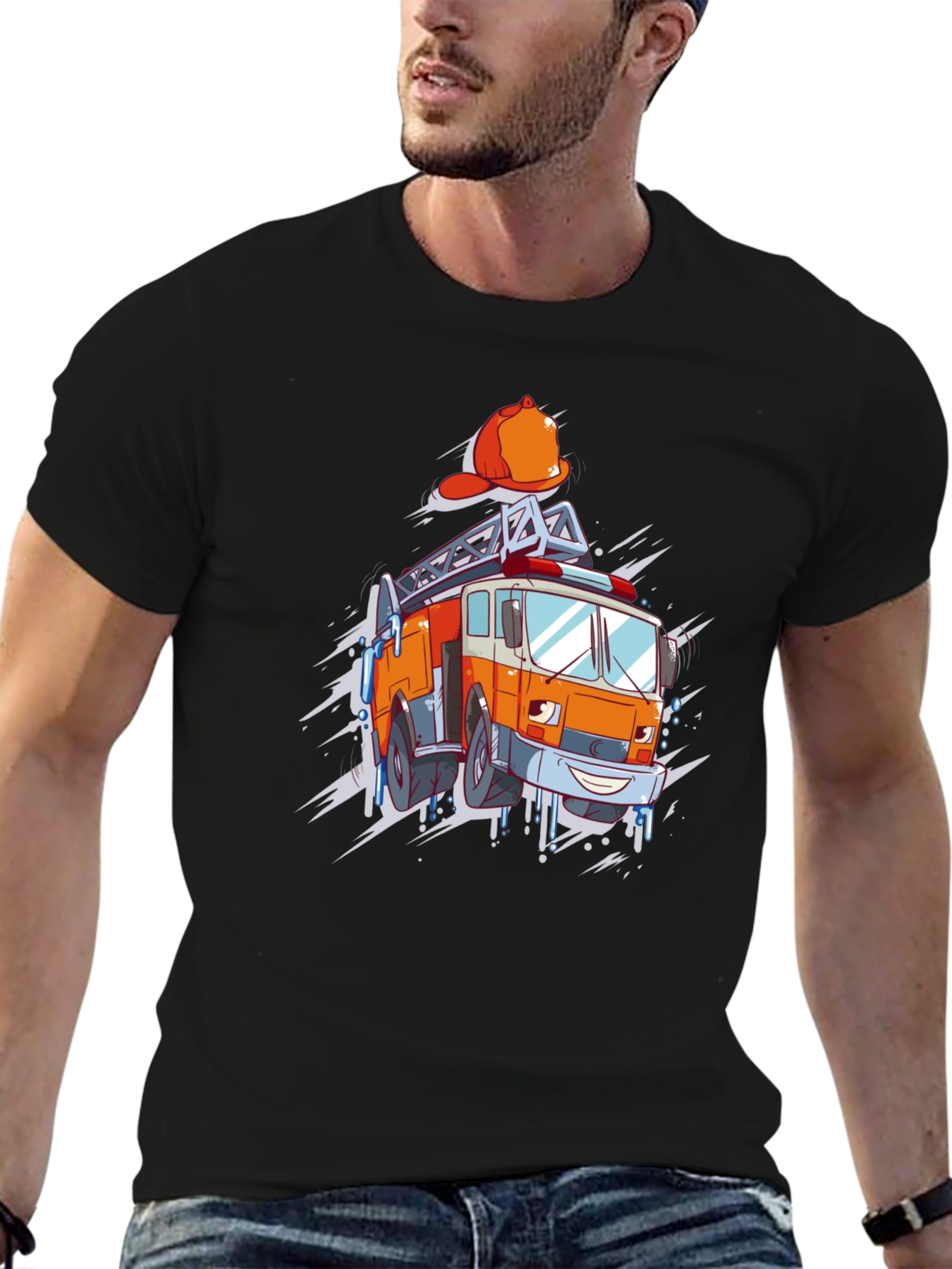 Cartoon Firetruck Graphic T-Shirt - Black