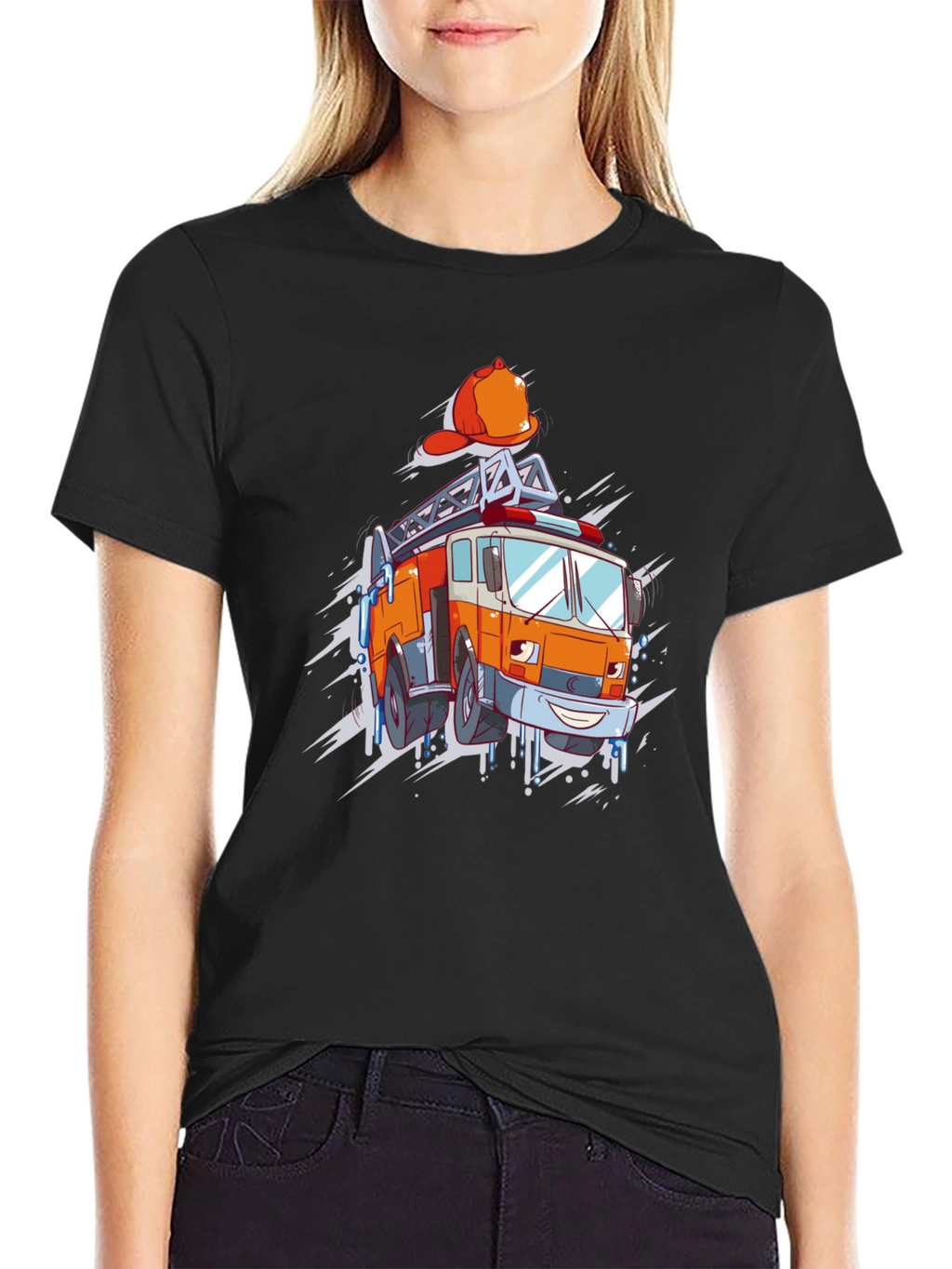Cartoon Firetruck Graphic T-Shirt - Black