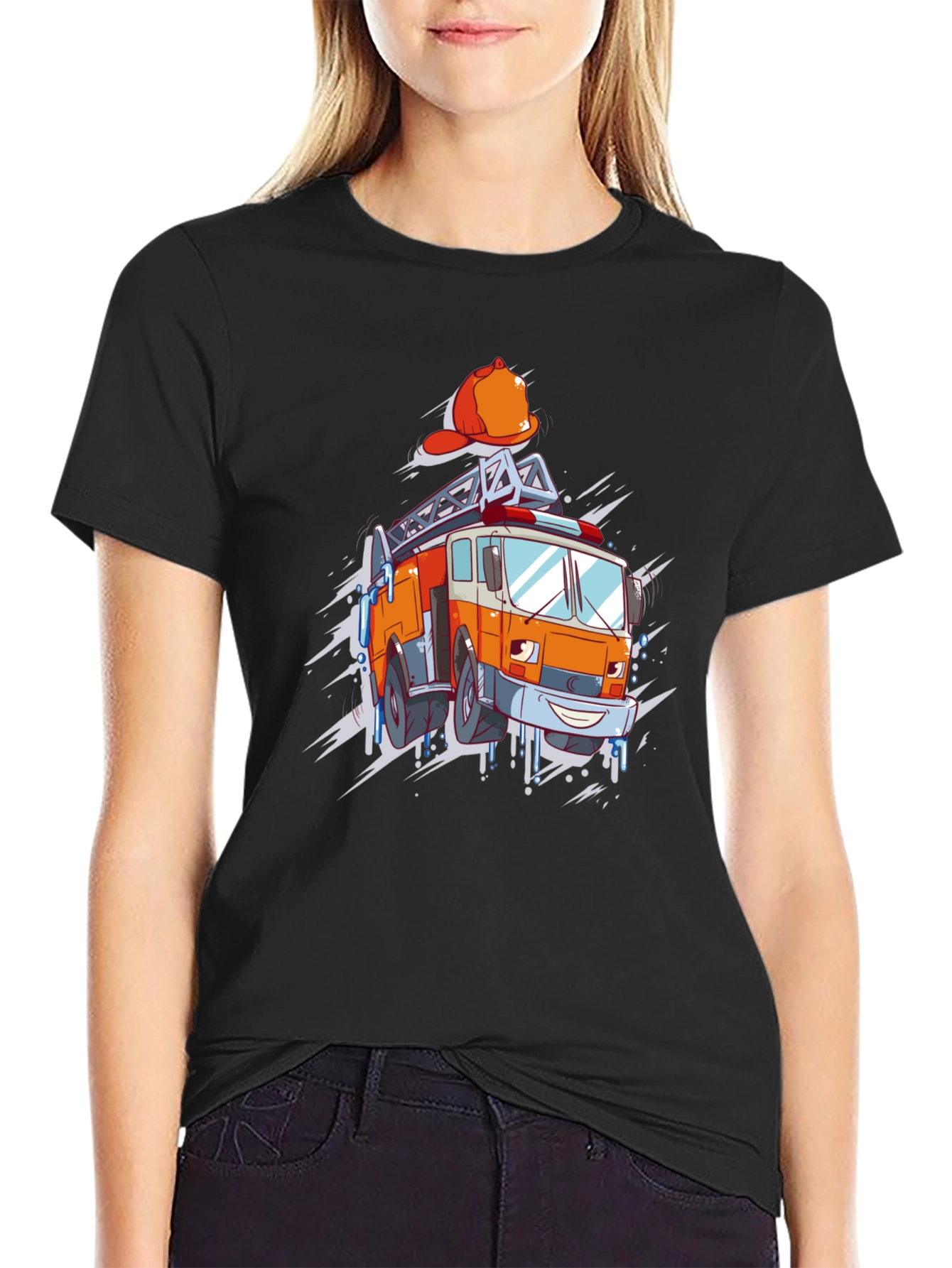 Cartoon Firetruck Graphic T-Shirt - Black