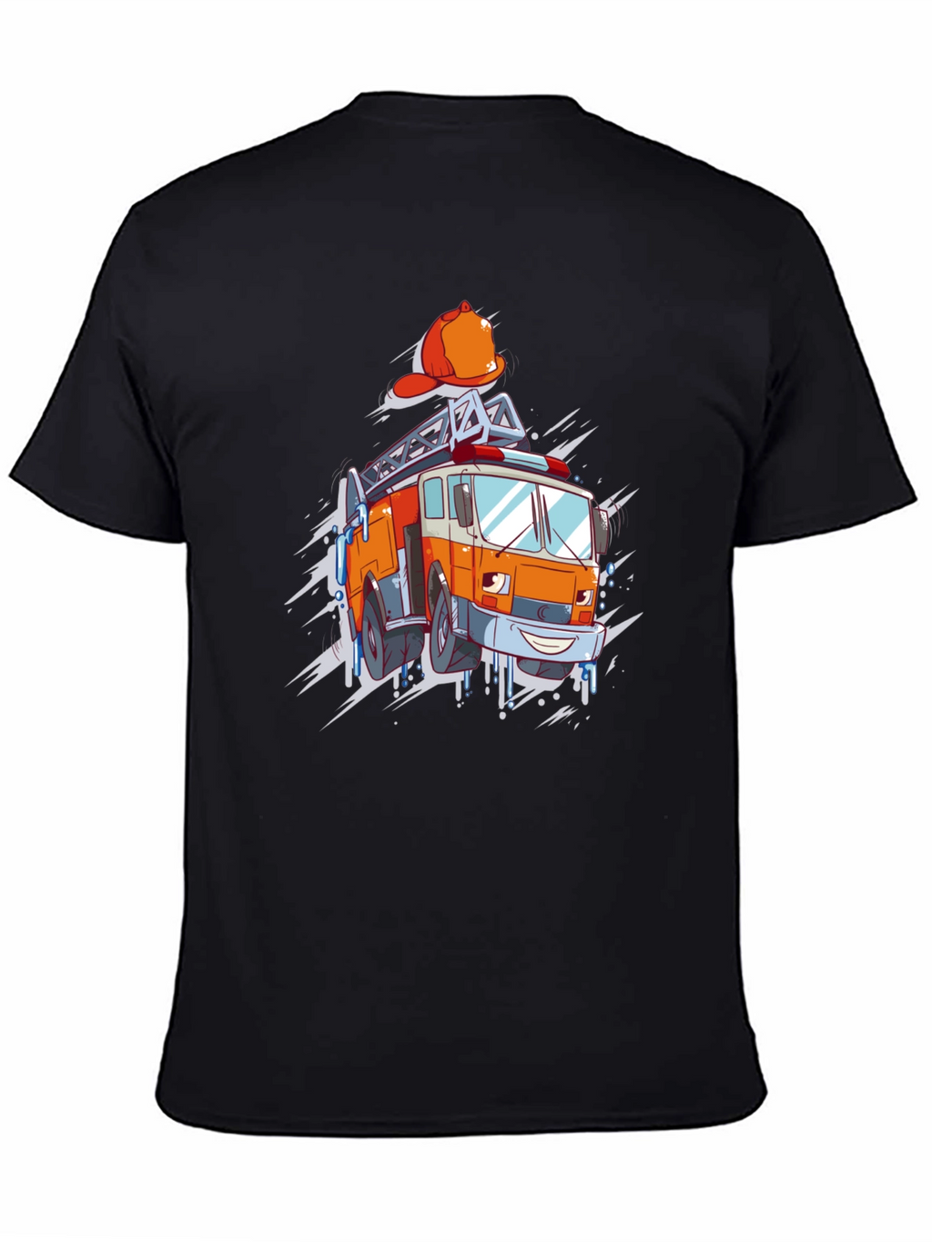 Cartoon Firetruck Graphic T-Shirt - Black