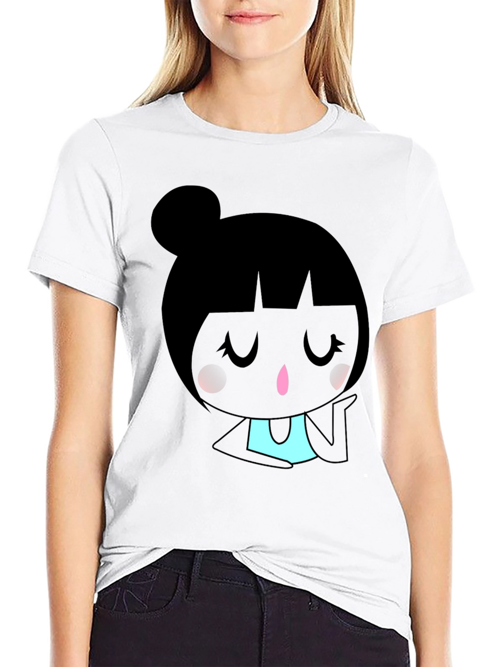 Kawaii Girl Graphic Tee - Black Cotton Blend
