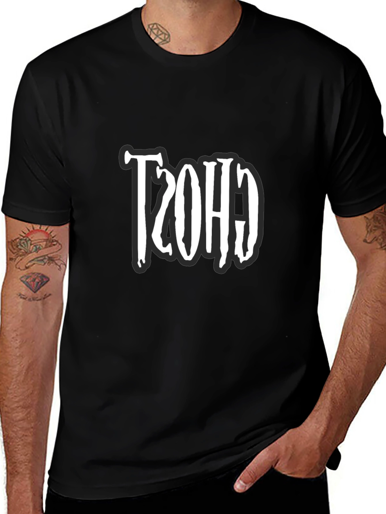 Retro Ghost Design Black T-Shirt