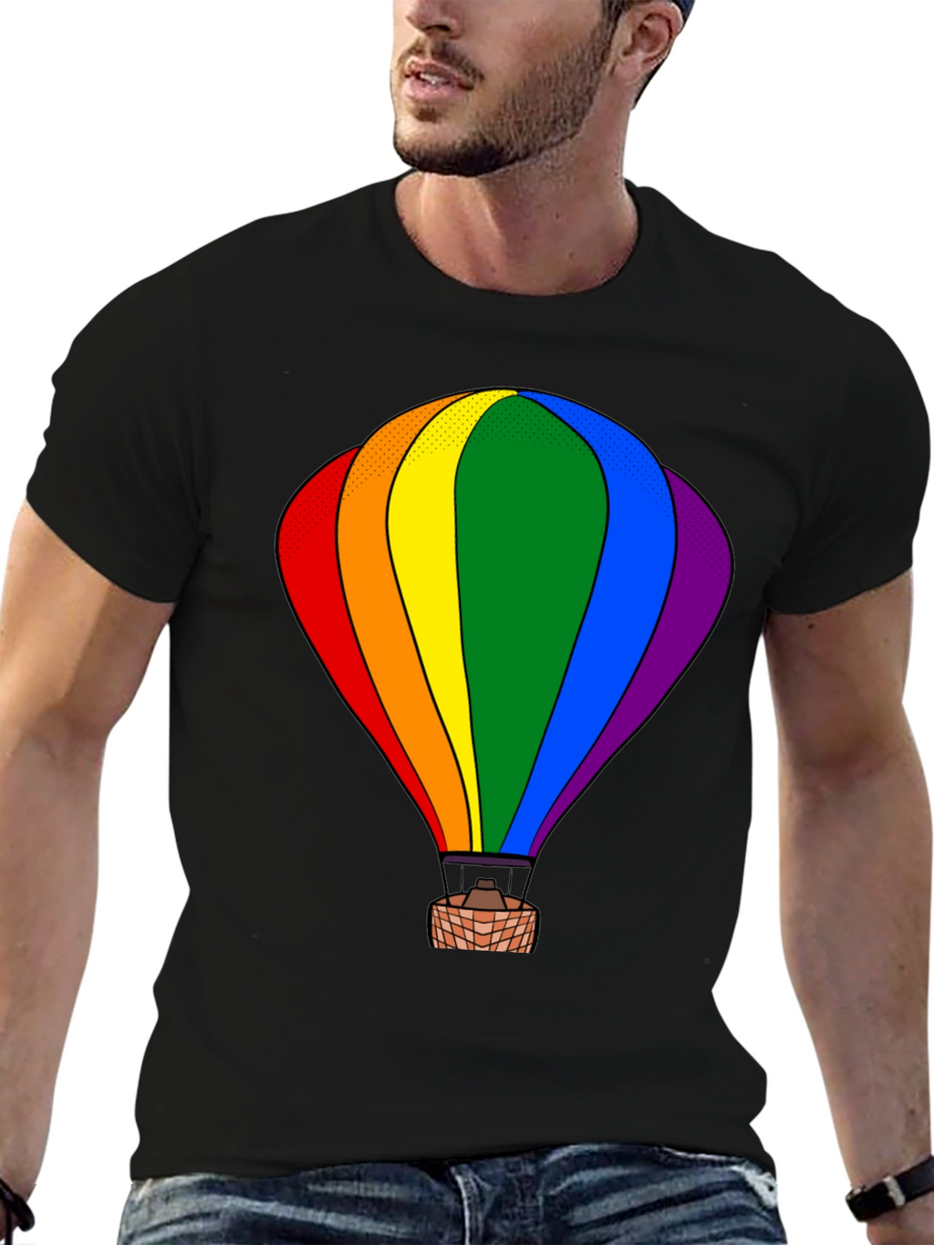 Rainbow Hot Air Balloon Graphic Tee - Black