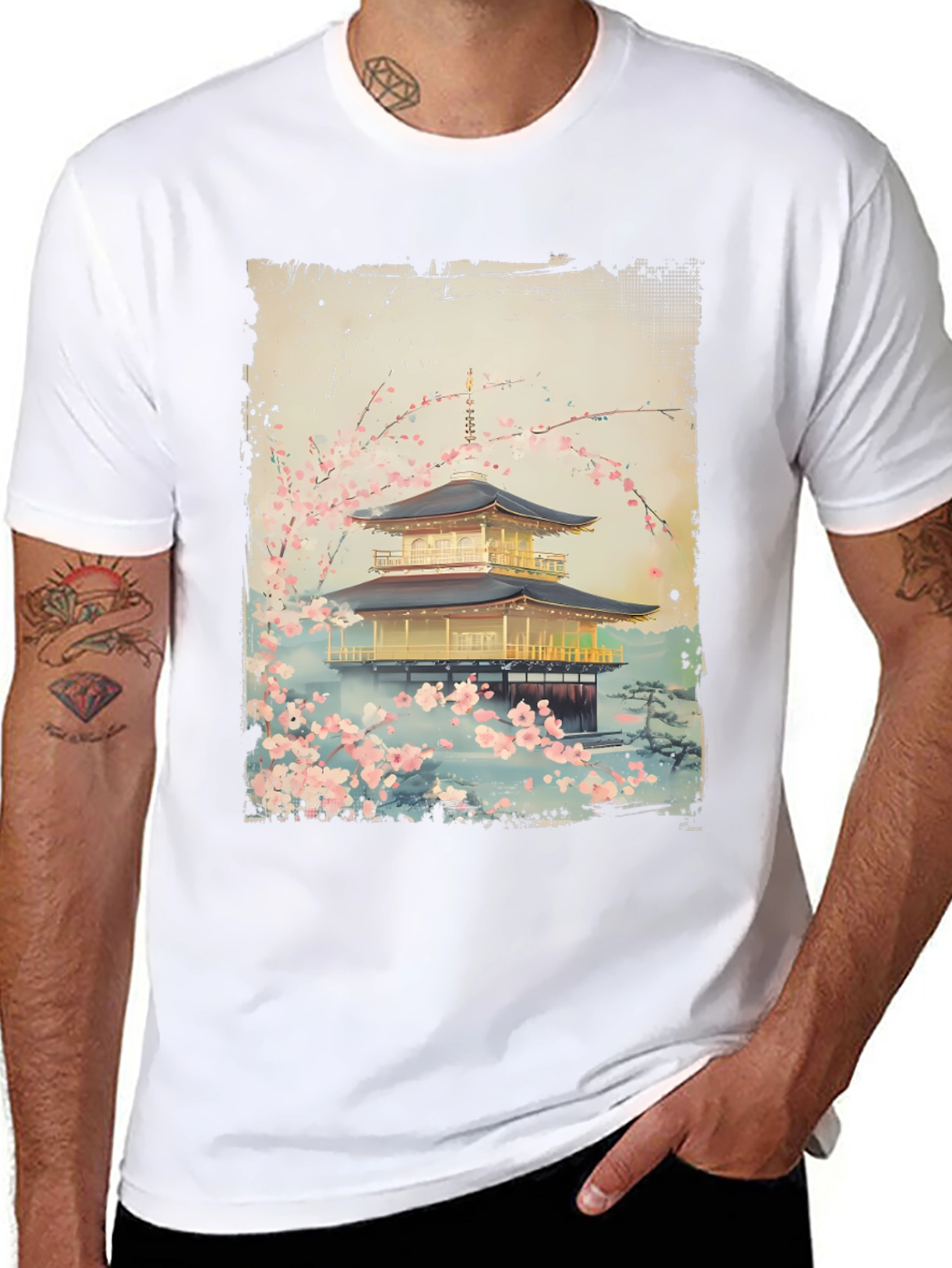 Japanese Temple T-Shirt - Golden Pavilion Cherry Blossom Tee