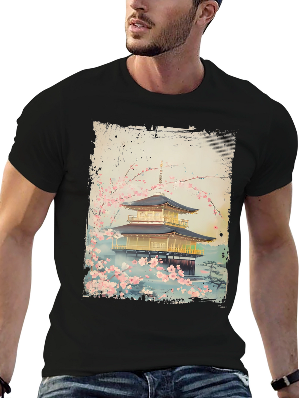 Japanese Temple T-Shirt - Golden Pavilion Cherry Blossom Tee