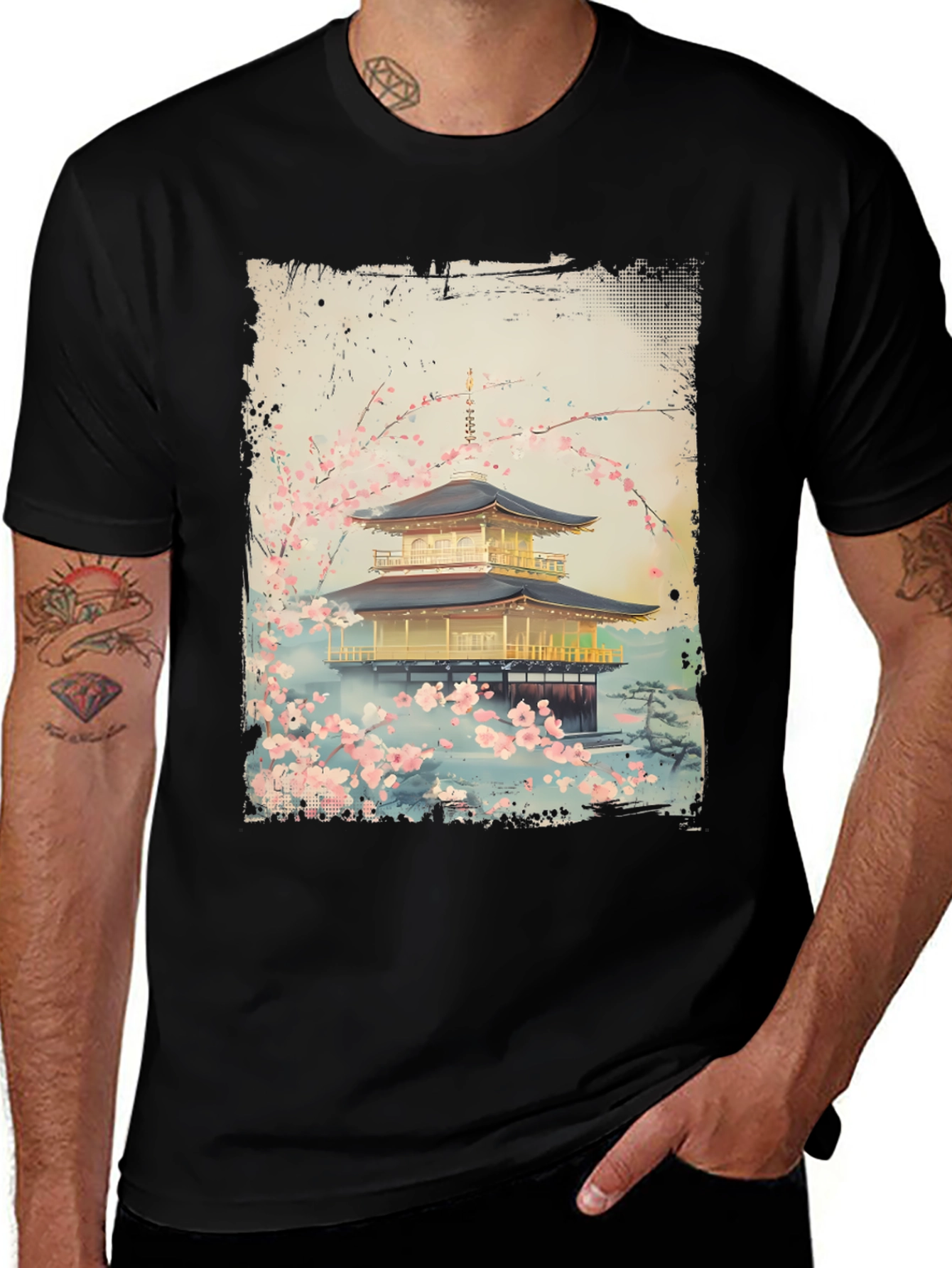 Japanese Temple T-Shirt - Golden Pavilion Cherry Blossom Tee