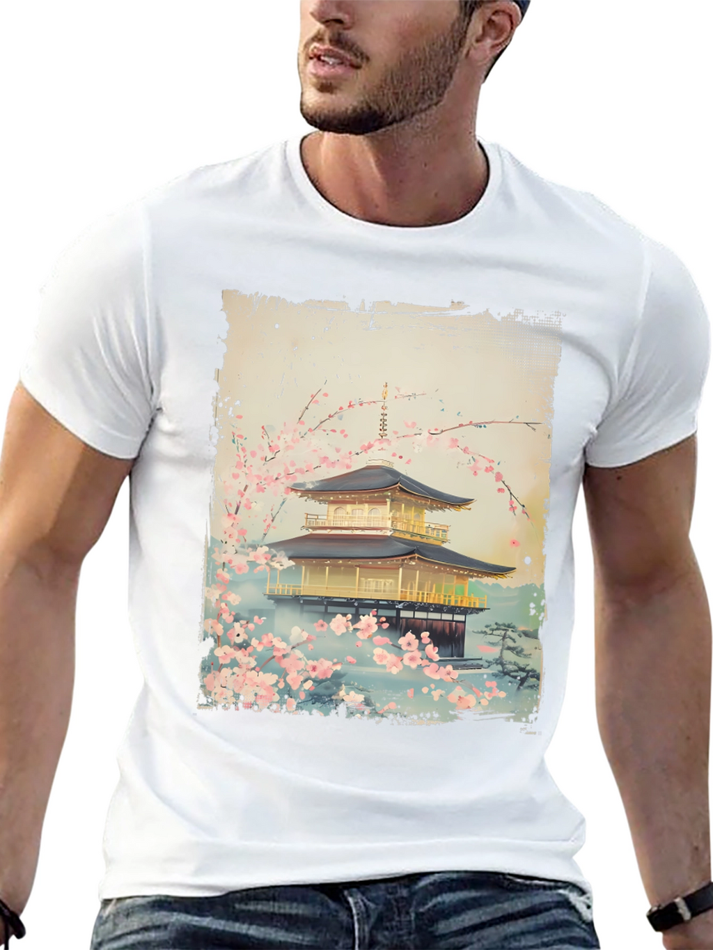 Japanese Temple T-Shirt - Golden Pavilion Cherry Blossom Tee