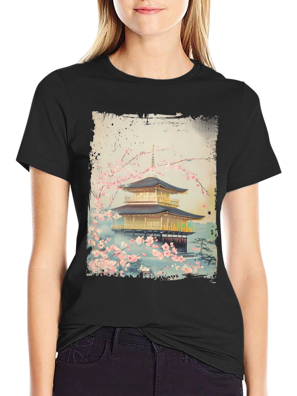 Japanese Temple T-Shirt - Golden Pavilion Cherry Blossom Tee