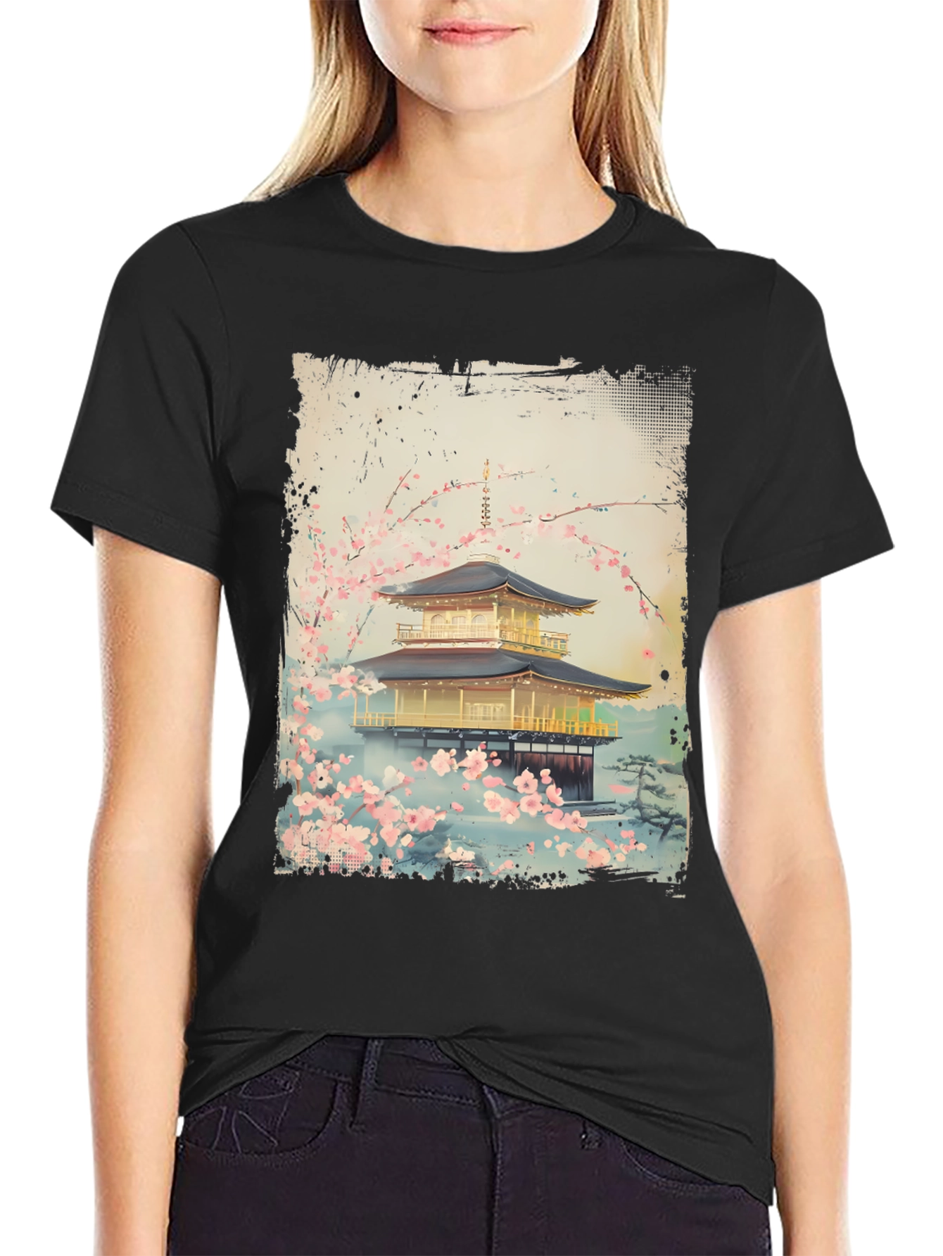 Japanese Temple T-Shirt - Golden Pavilion Cherry Blossom Tee