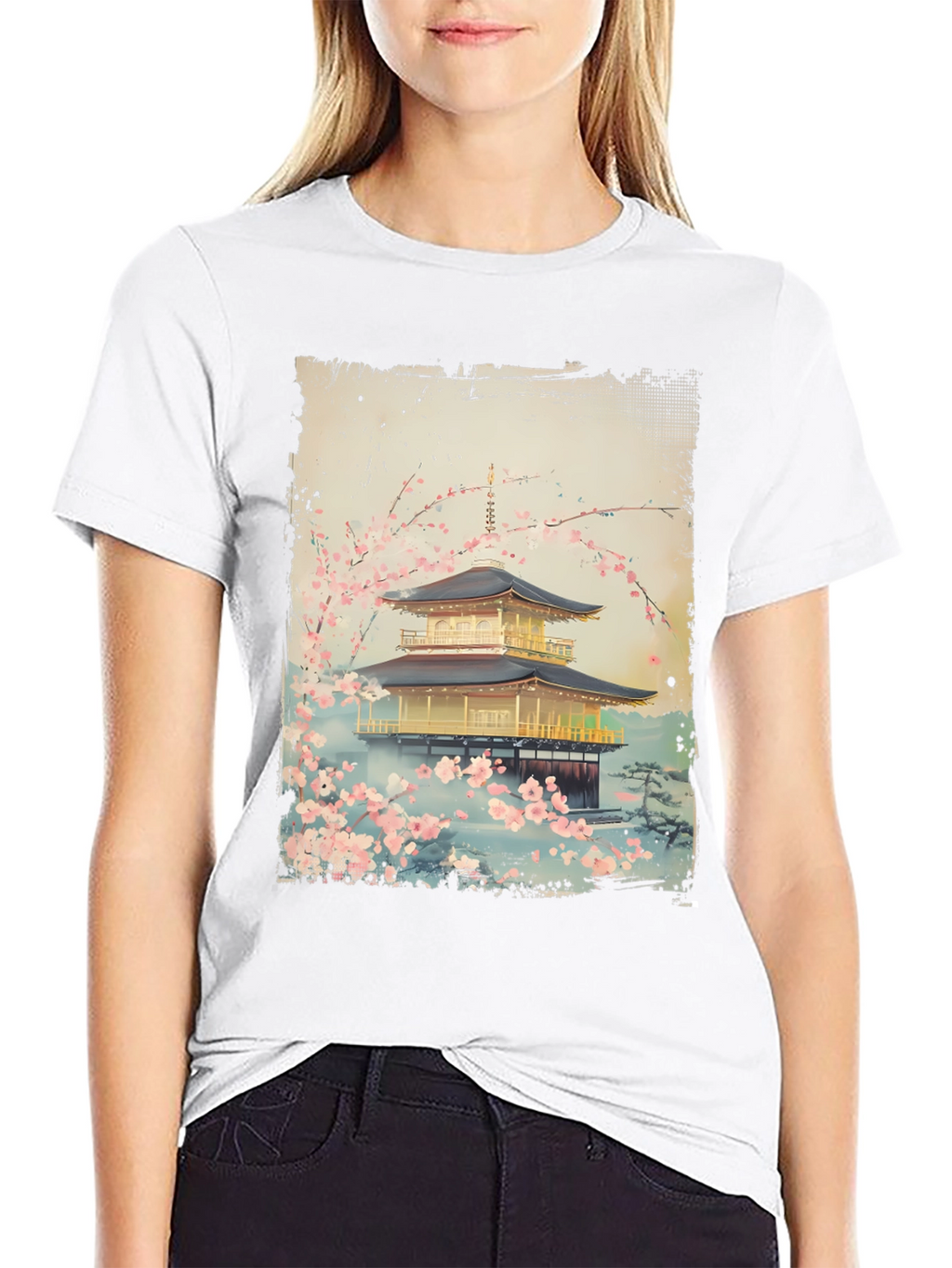 Japanese Temple T-Shirt - Golden Pavilion Cherry Blossom Tee