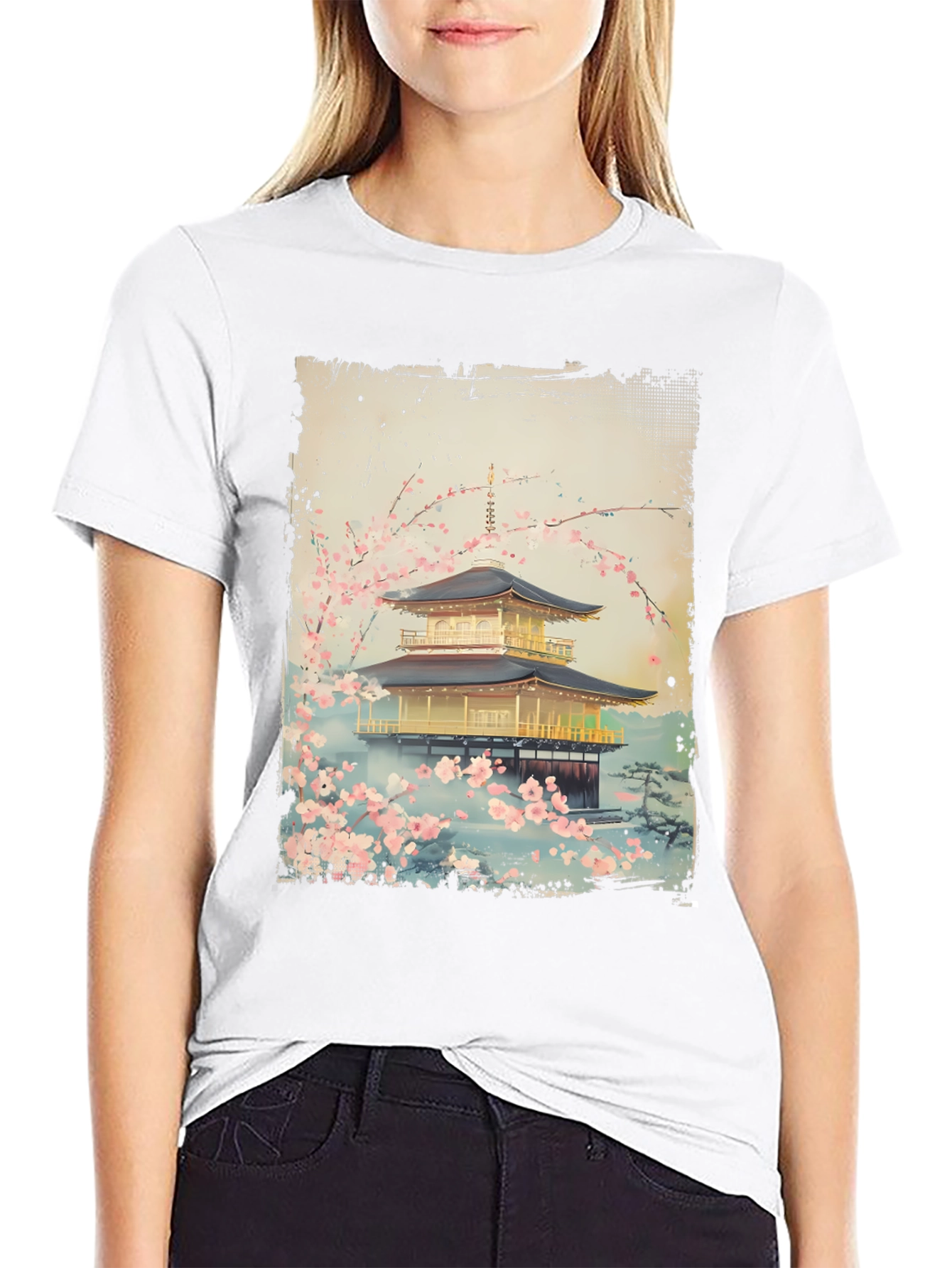 Japanese Temple T-Shirt - Golden Pavilion Cherry Blossom Tee