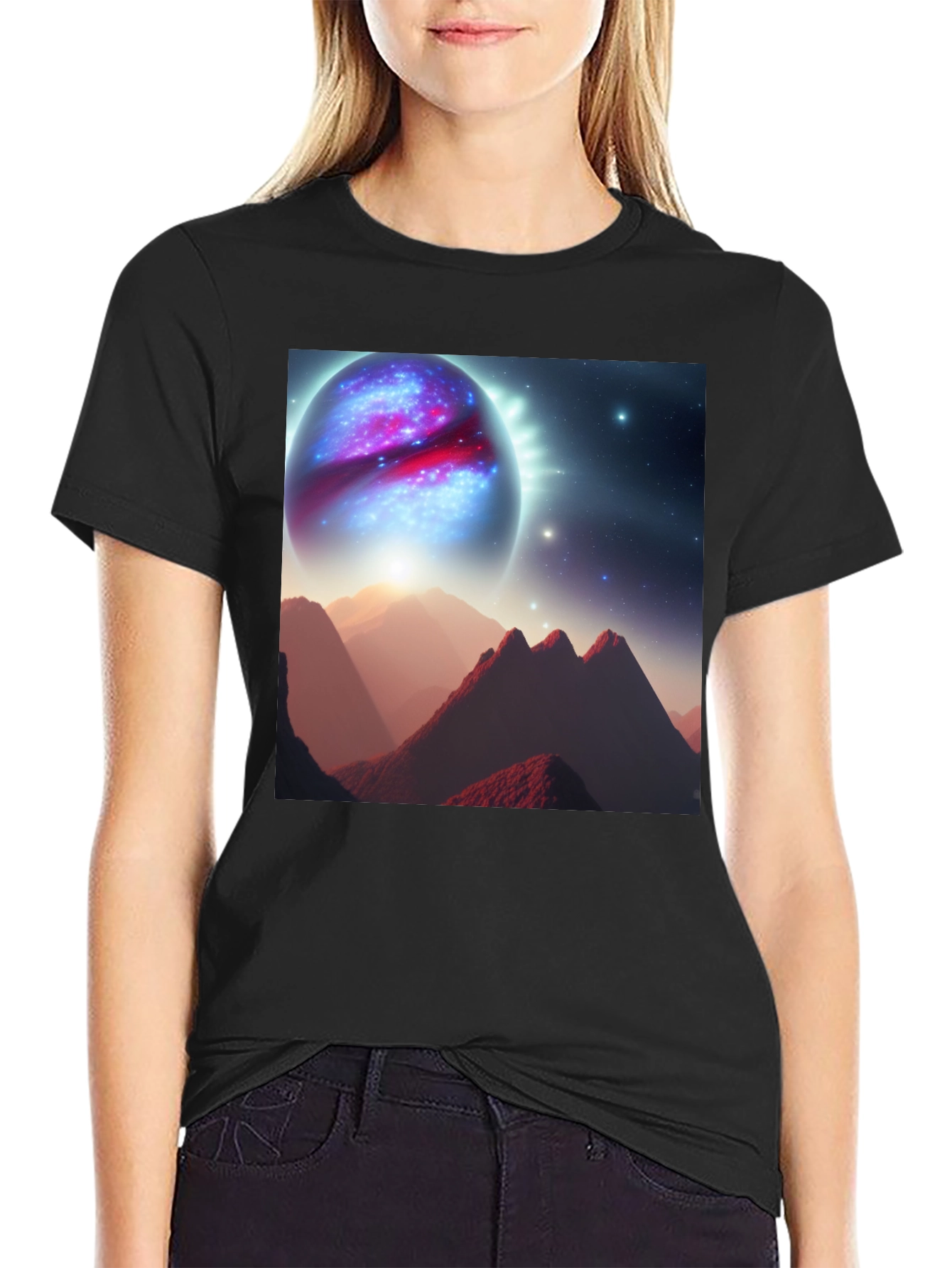 Cosmic Planet Graphic T-Shirt - Black Cotton Blend