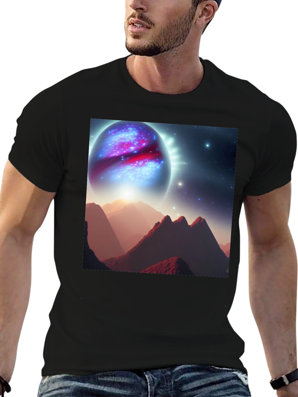 Cosmic Planet Graphic T-Shirt - Black Cotton Blend