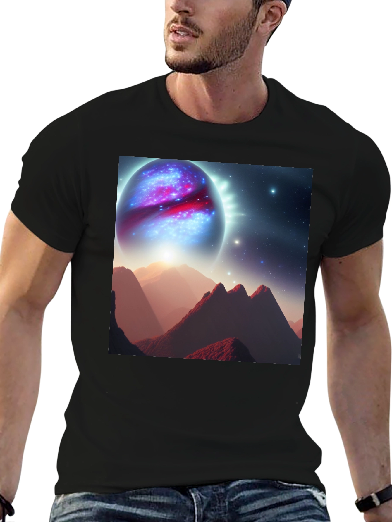 Cosmic Planet Graphic T-Shirt - Black Cotton Blend
