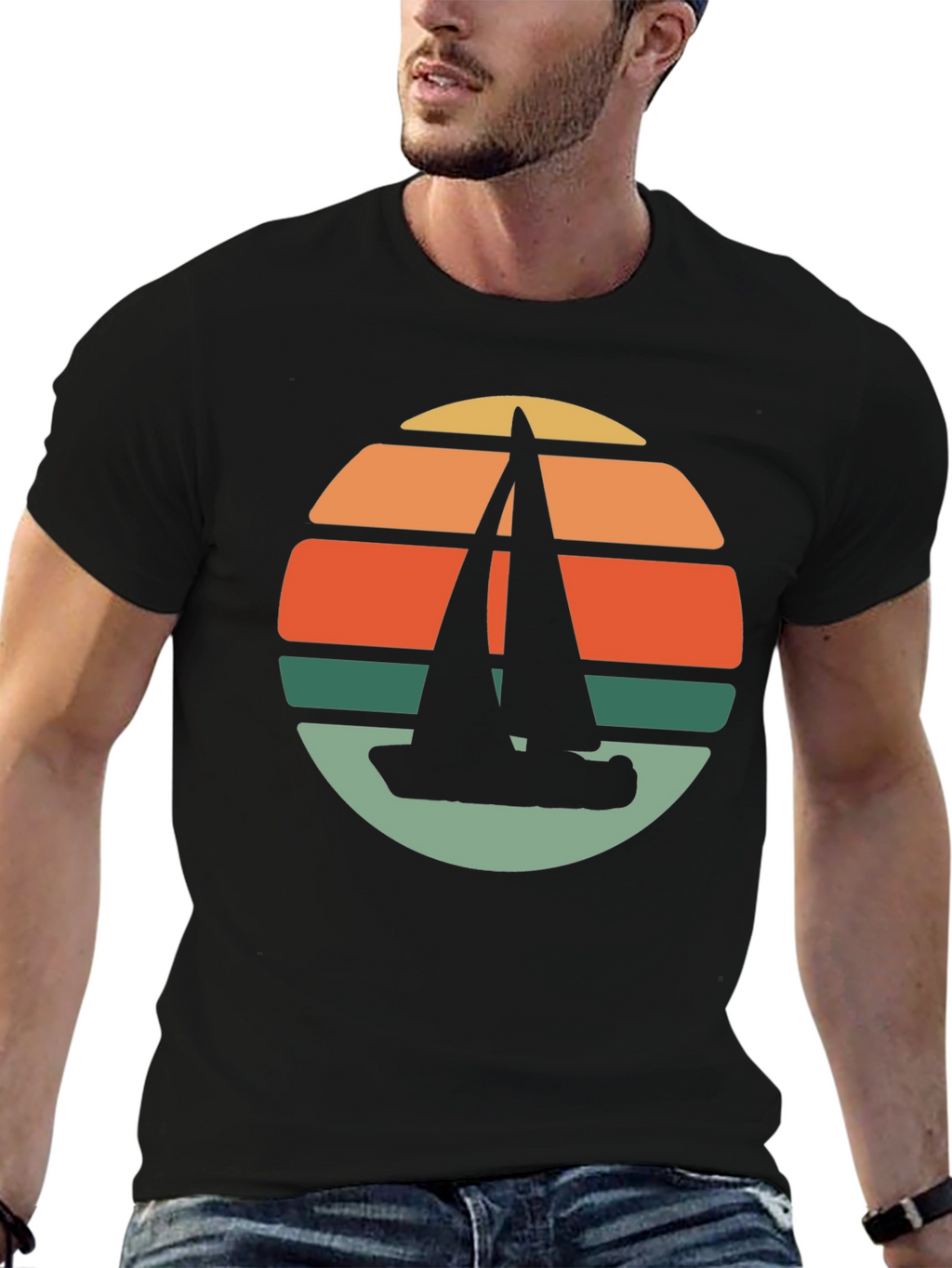 Retro Sunset Sailboat T-Shirt - Black