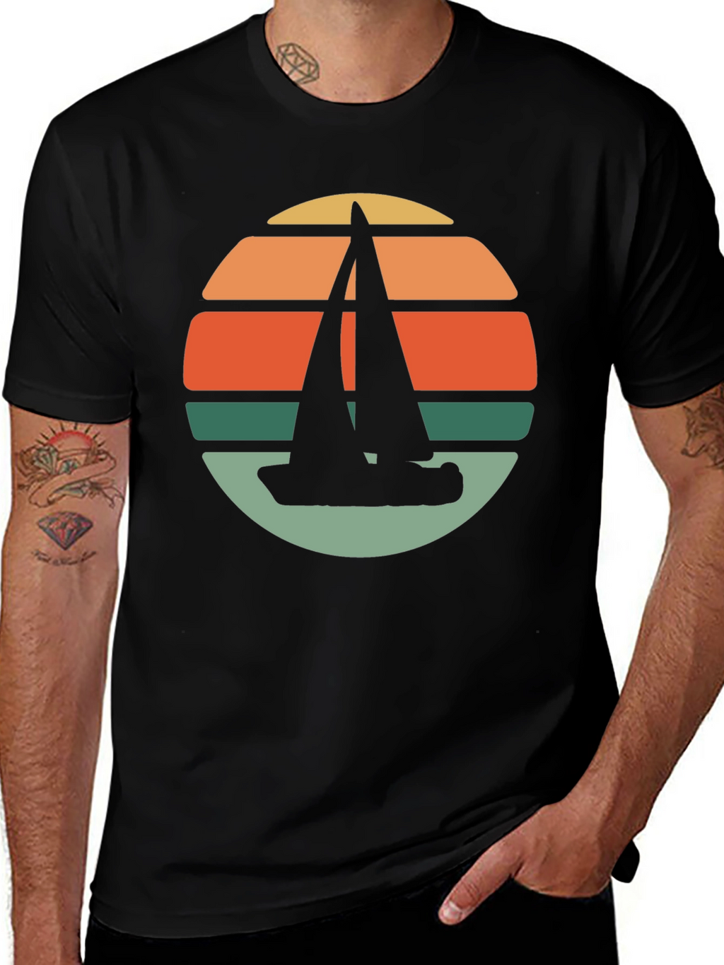 Retro Sunset Sailboat T-Shirt - Black