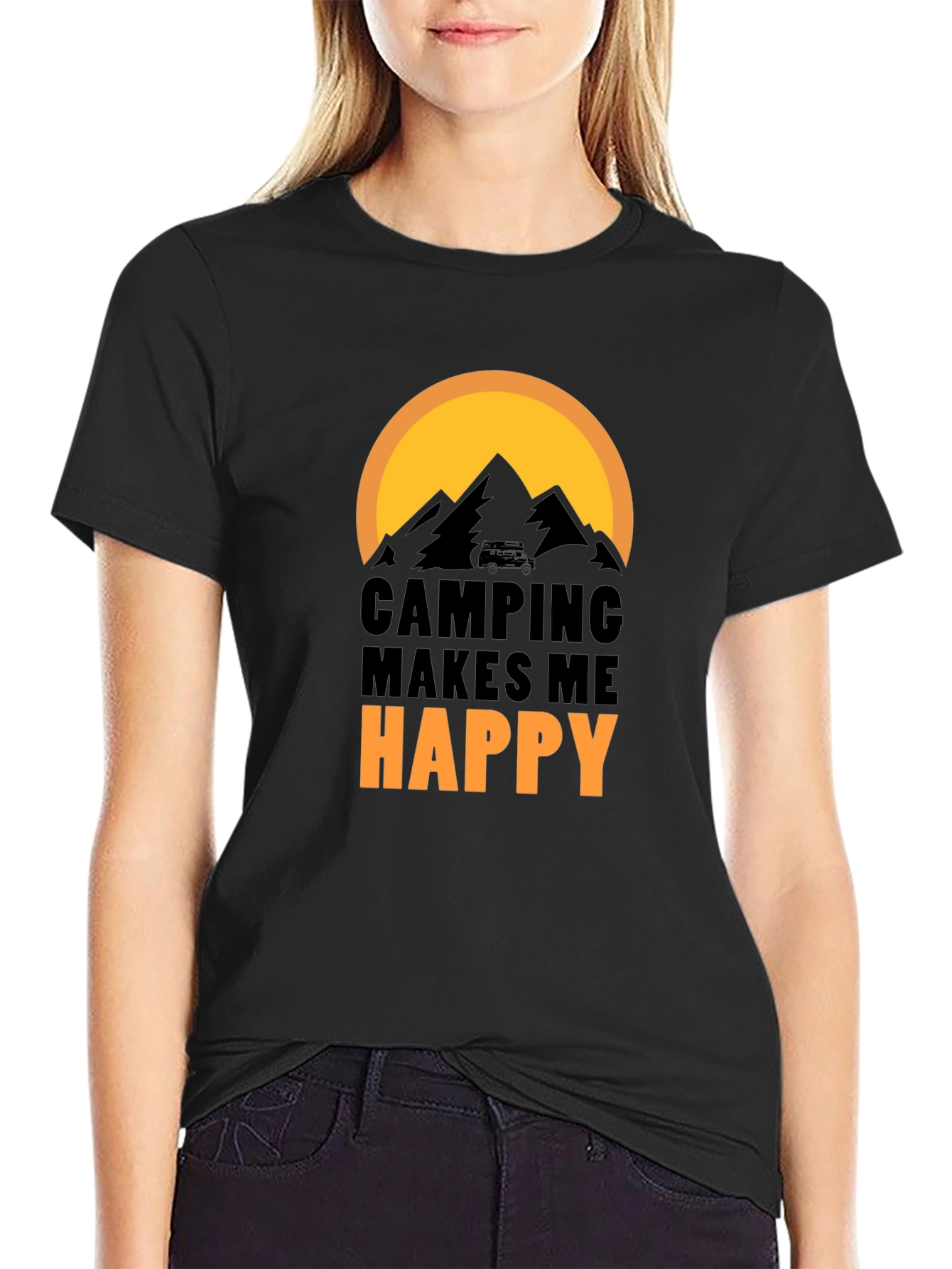 Camping Makes Me Happy Graphic Tee - Black Cotton T-Shirt