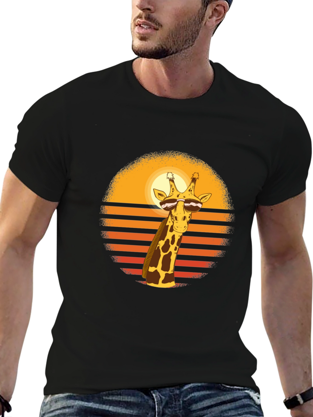 Cool Giraffe Sunset Graphic Tee - Black Cotton Blend