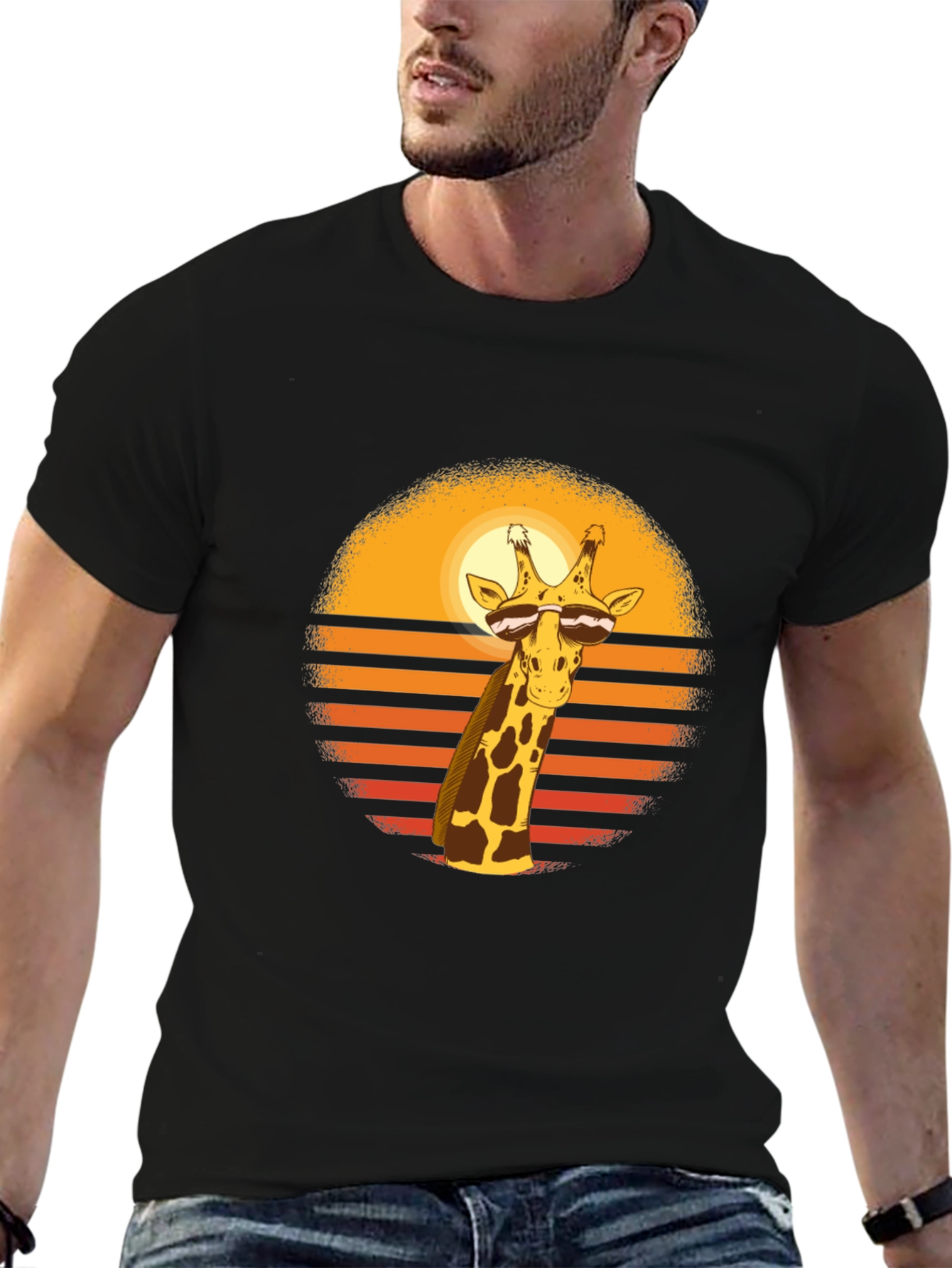 Cool Giraffe Sunset Graphic Tee - Black Cotton Blend