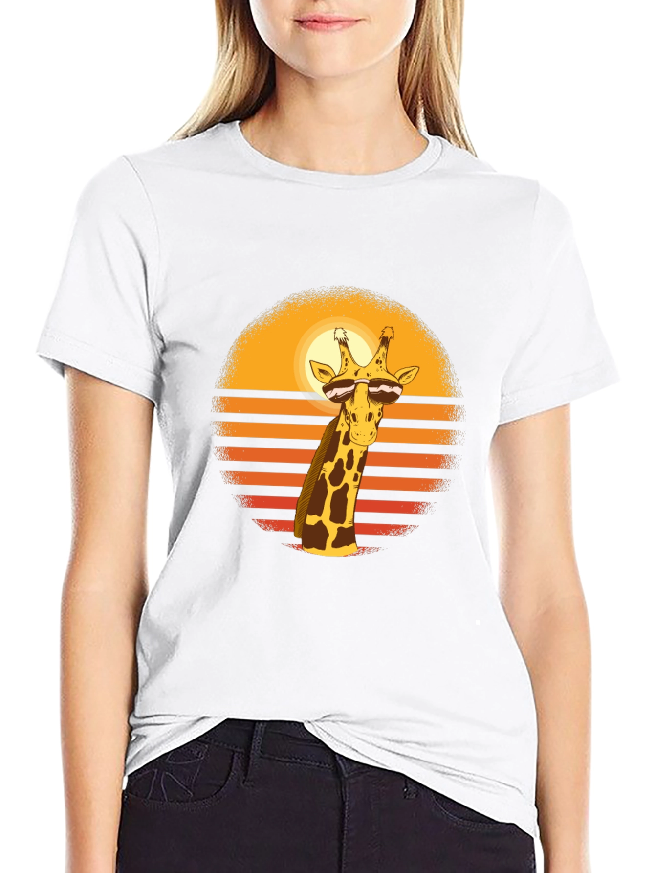 Cool Giraffe Sunset Graphic Tee - Black Cotton Blend