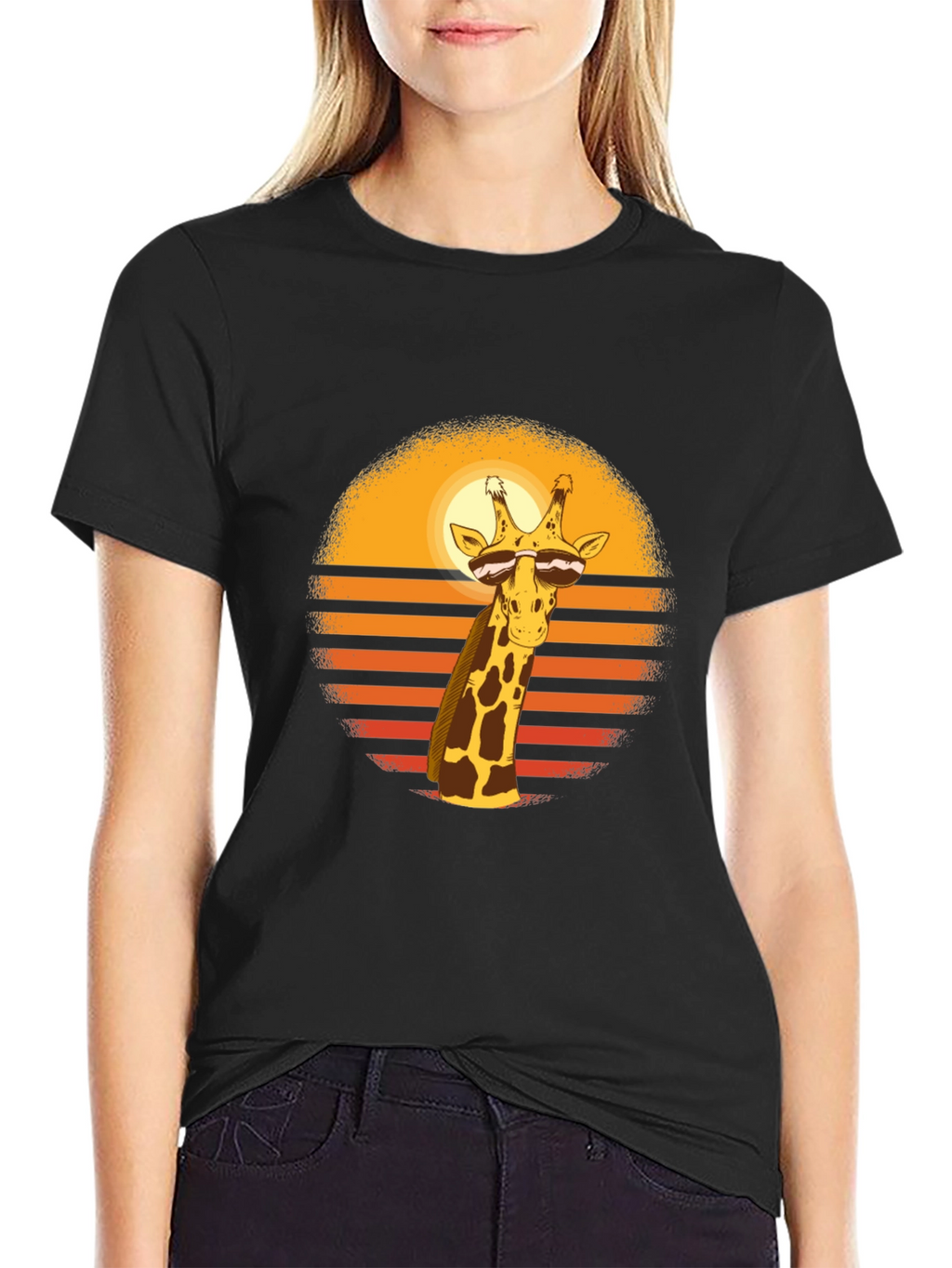 Cool Giraffe Sunset Graphic Tee - Black Cotton Blend