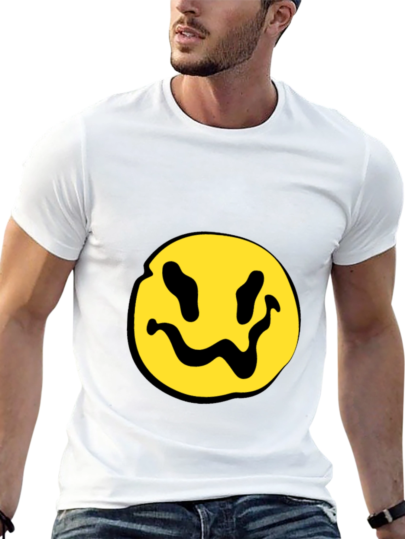 Black T-Shirt with Yellow Distorted Smiley Face