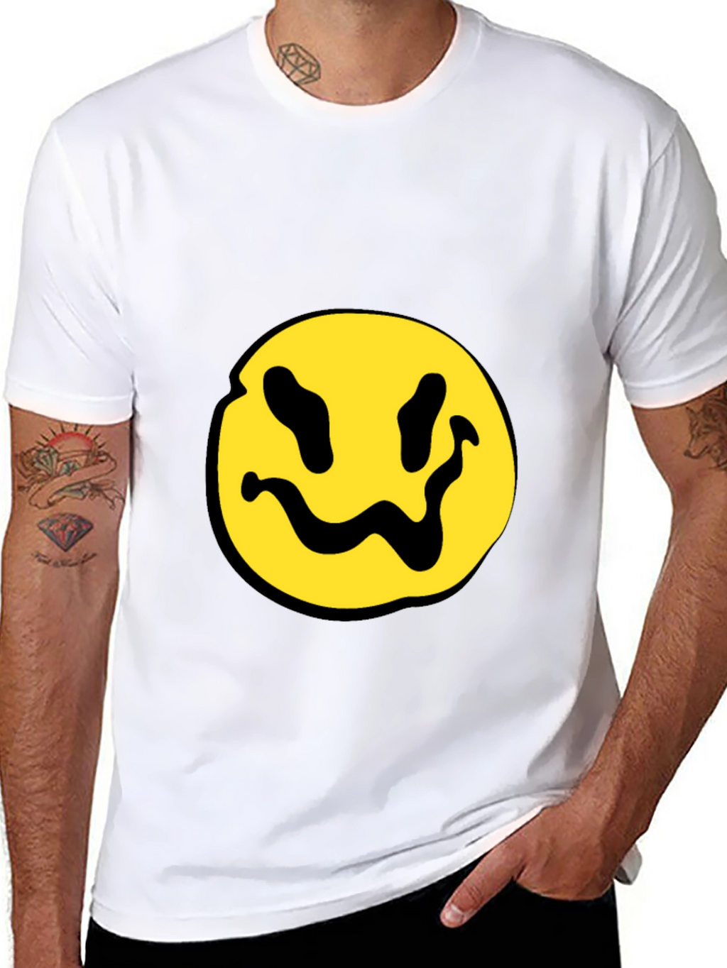 Black T-Shirt with Yellow Distorted Smiley Face