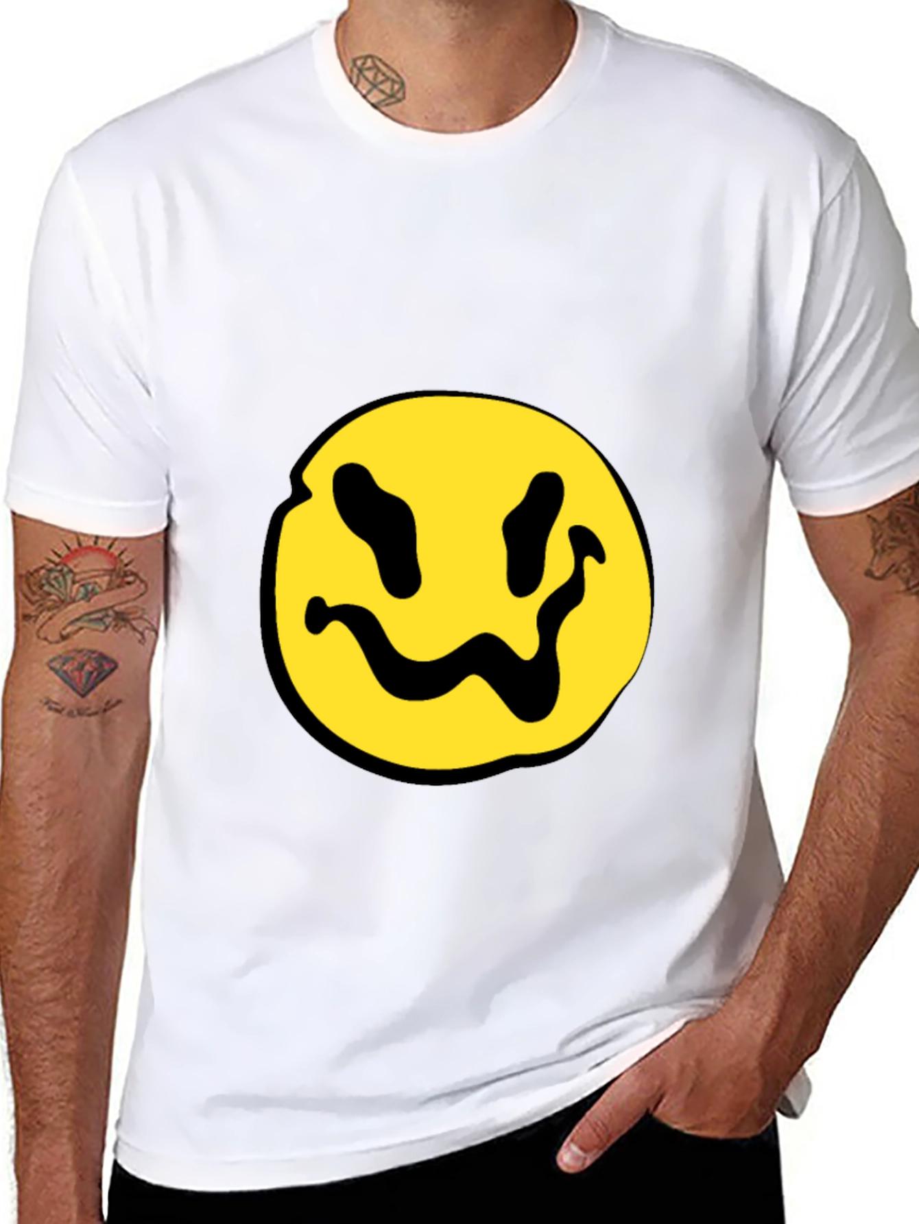 Black T-Shirt with Yellow Distorted Smiley Face