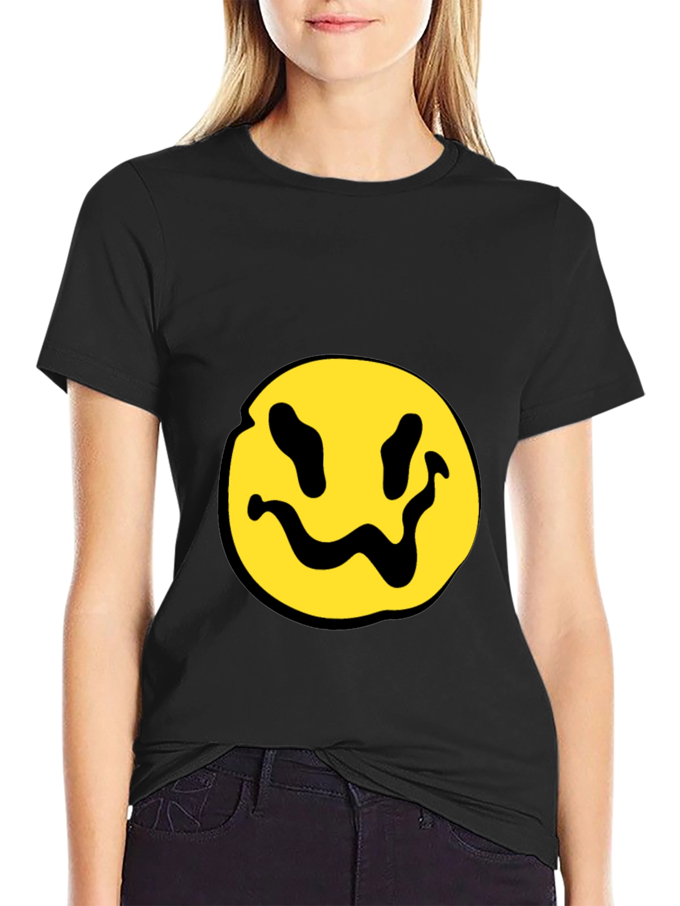 Black T-Shirt with Yellow Distorted Smiley Face