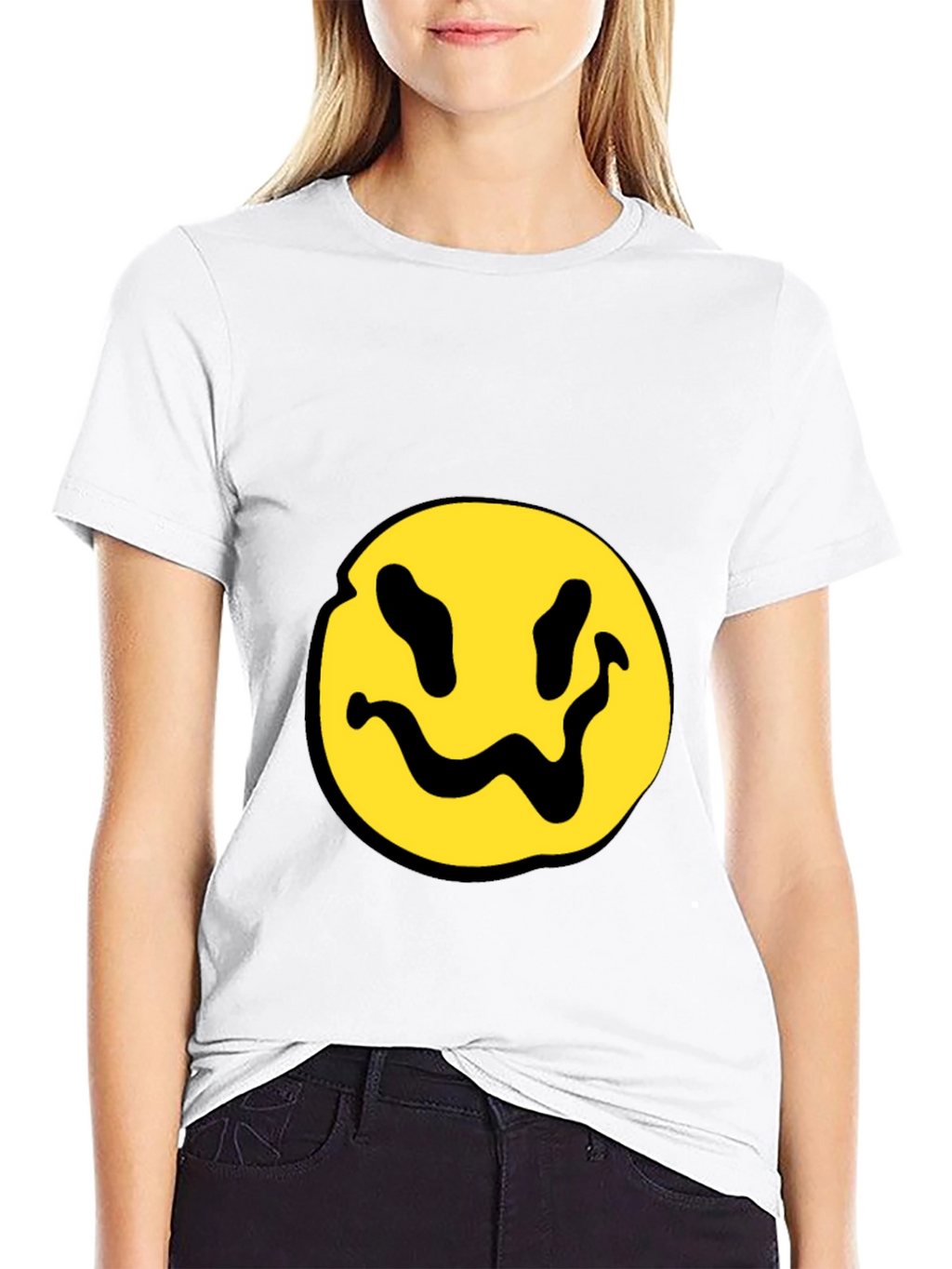 Black T-Shirt with Yellow Distorted Smiley Face