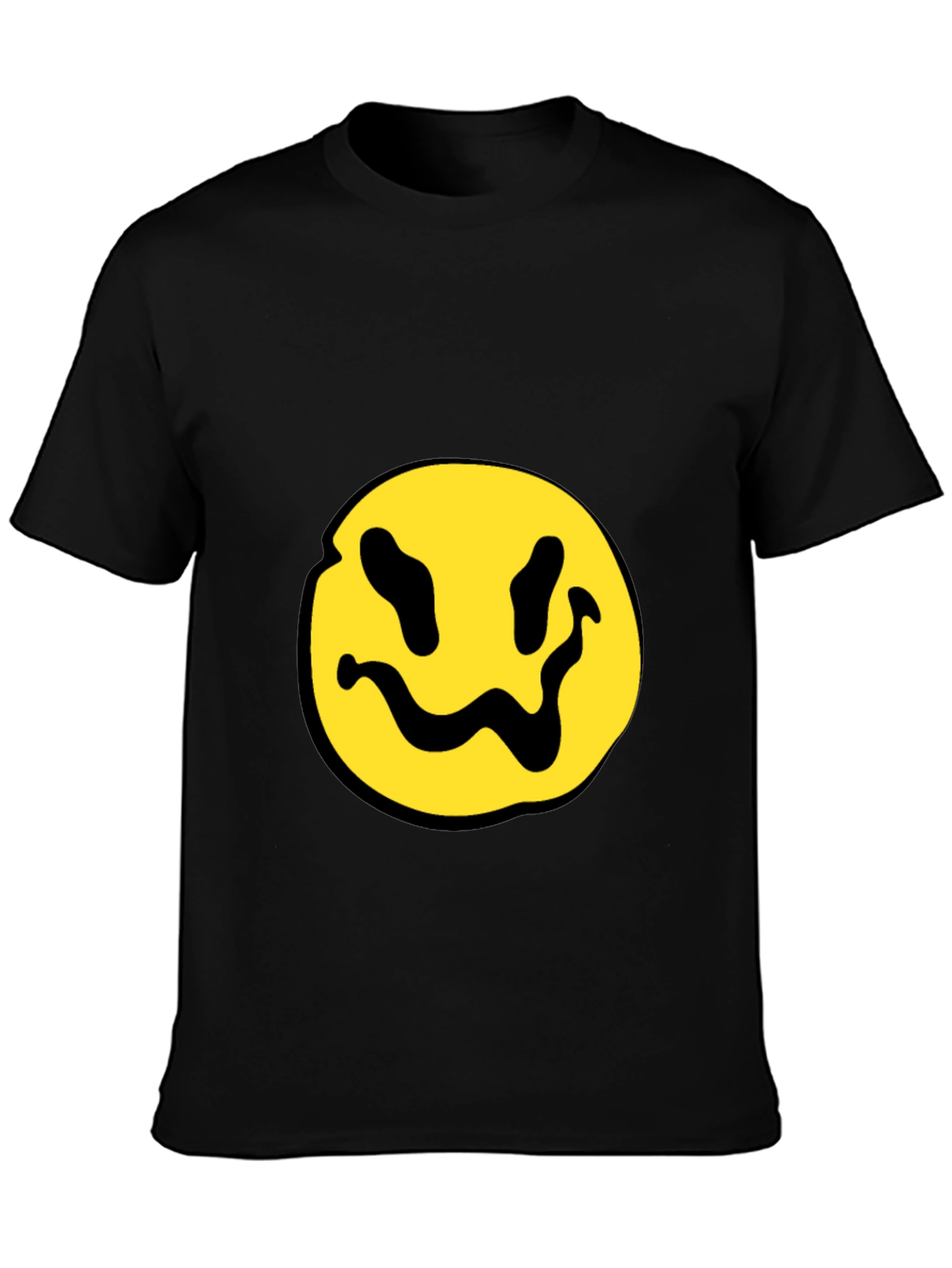 Black T-Shirt with Yellow Distorted Smiley Face