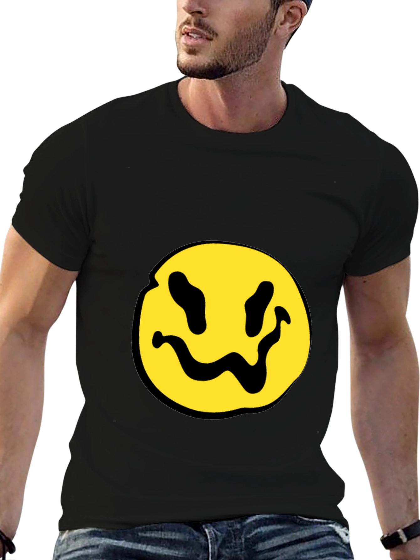 Black T-Shirt with Yellow Distorted Smiley Face