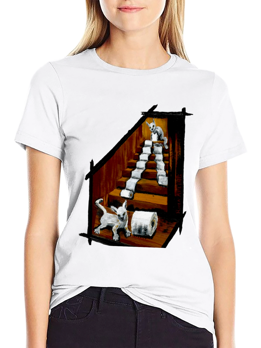 Cat Toilet Paper Staircase Graphic T-Shirt