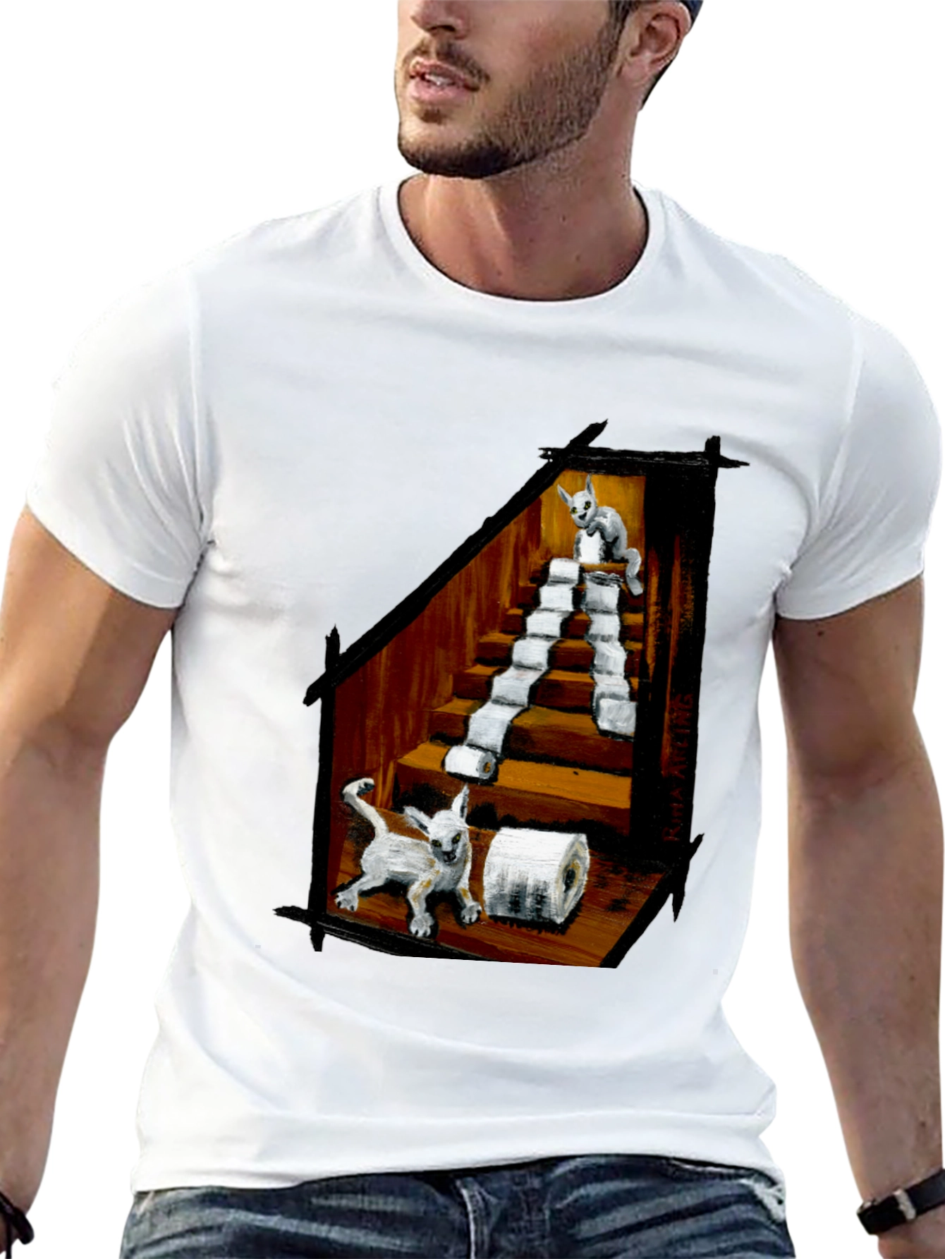 Cat Toilet Paper Staircase Graphic T-Shirt