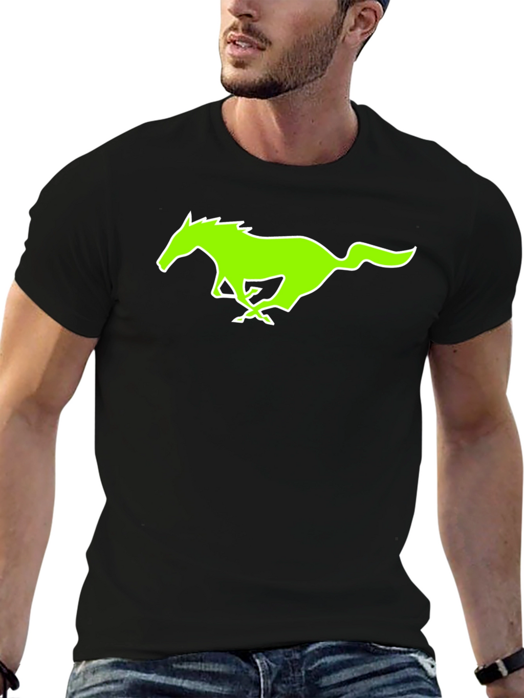 Black T-Shirt with Green Horse Graphic