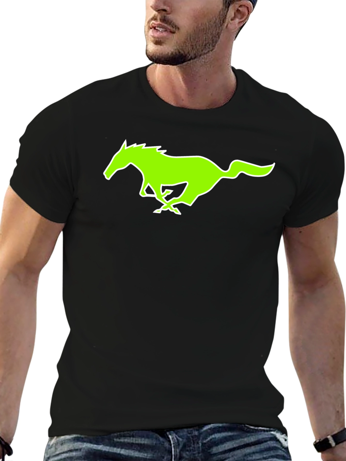 Black T-Shirt with Green Horse Graphic