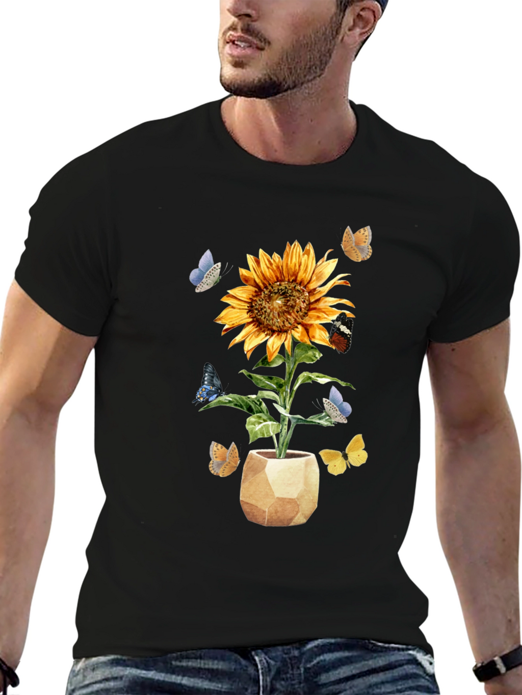 Sunflower & Butterfly Graphic Tee - Black