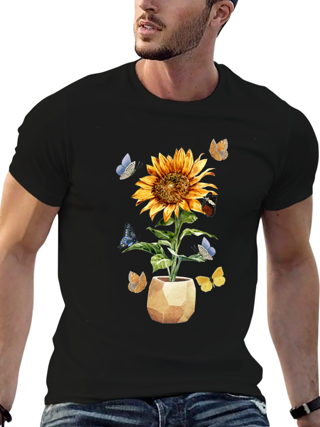 Sunflower & Butterfly Graphic Tee - Black
