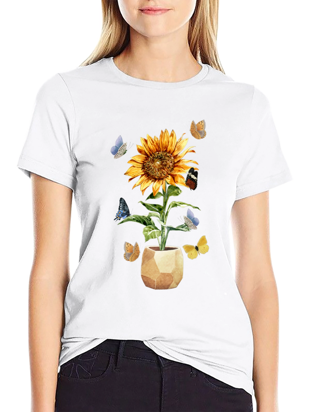 Sunflower & Butterfly Graphic Tee - Black