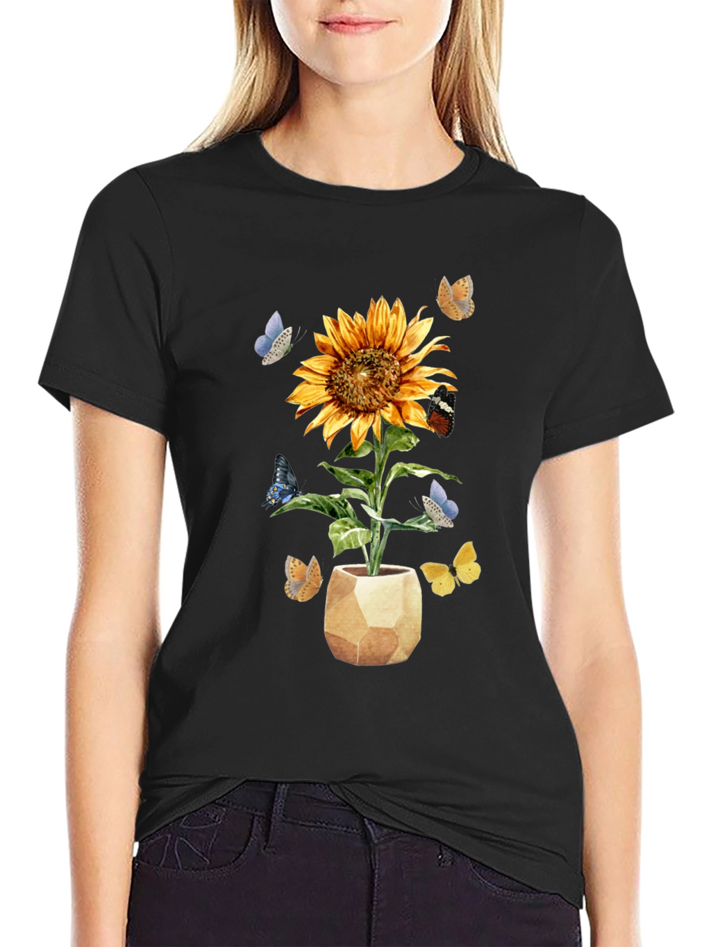 Sunflower & Butterfly Graphic Tee - Black