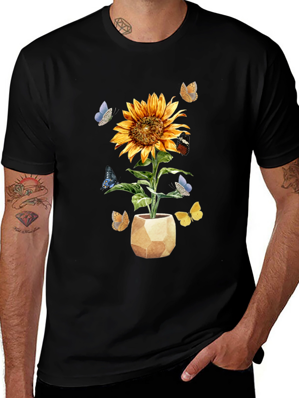 Sunflower & Butterfly Graphic Tee - Black