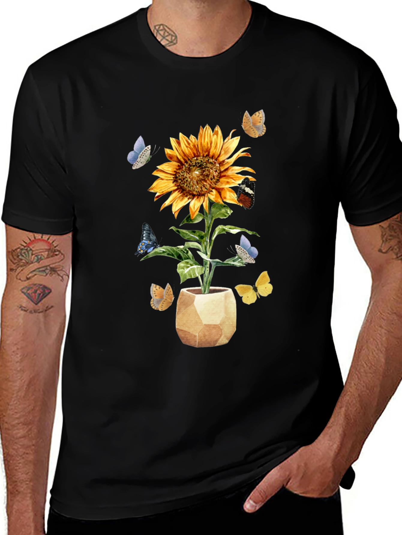 Sunflower & Butterfly Graphic Tee - Black