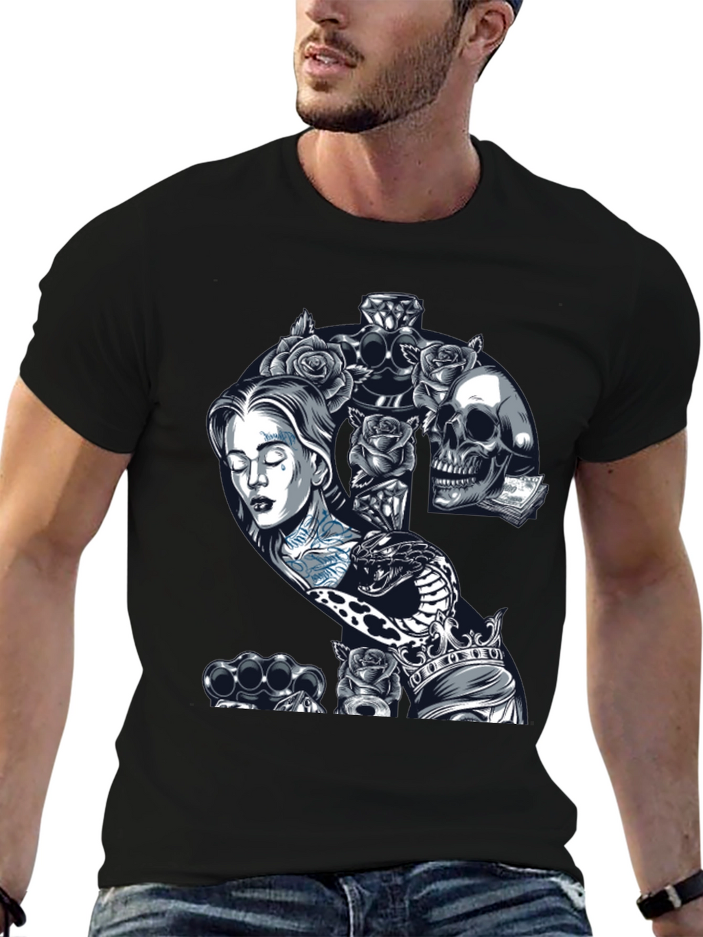 Edgy Tattoo Graphic T-Shirt - Black
