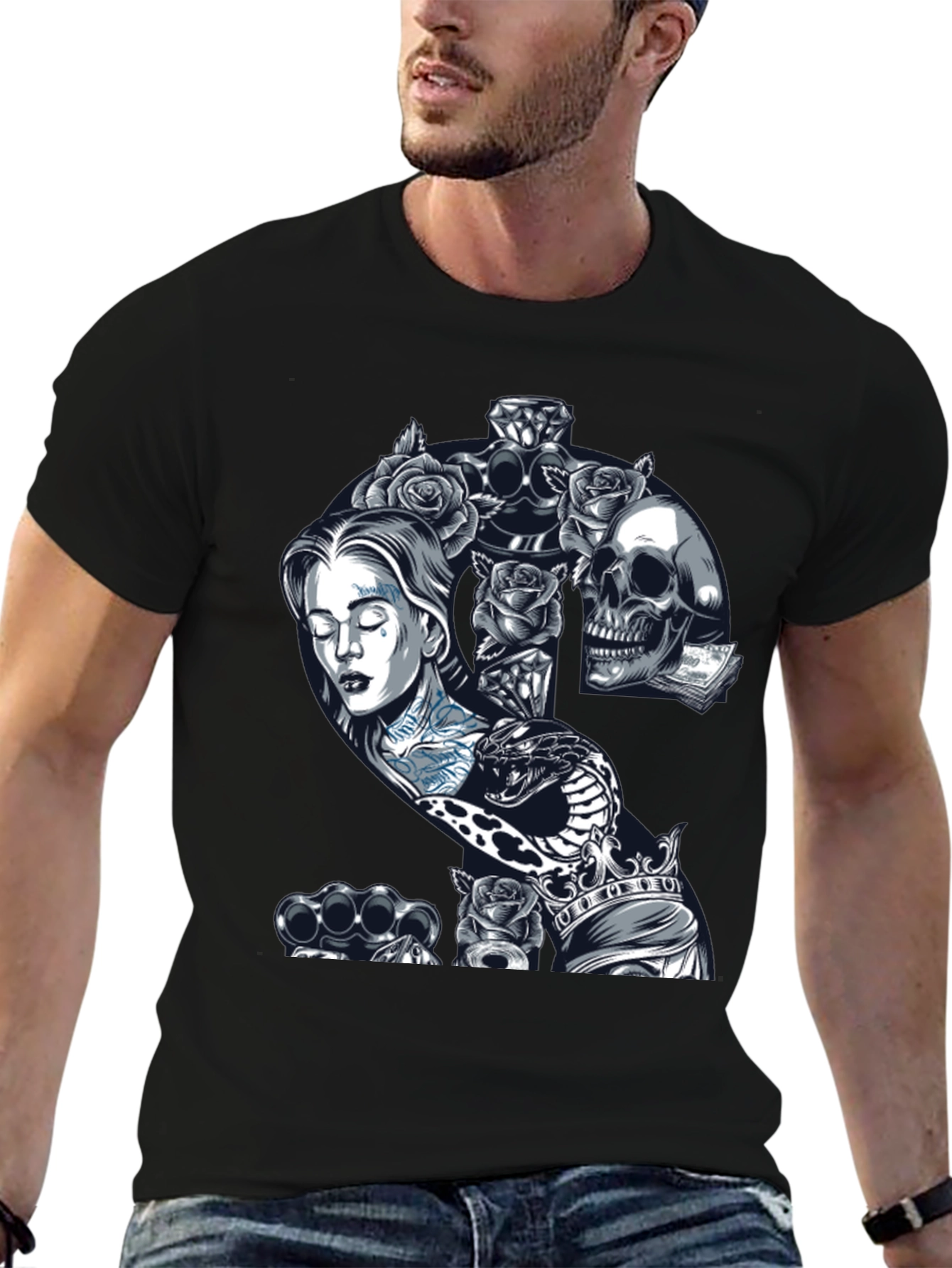 Edgy Tattoo Graphic T-Shirt - Black