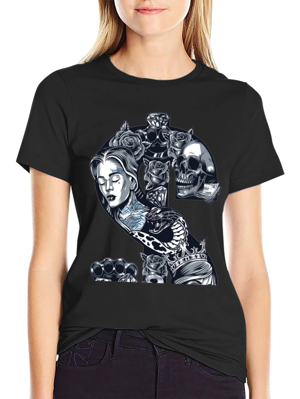 Edgy Tattoo Graphic T-Shirt - Black